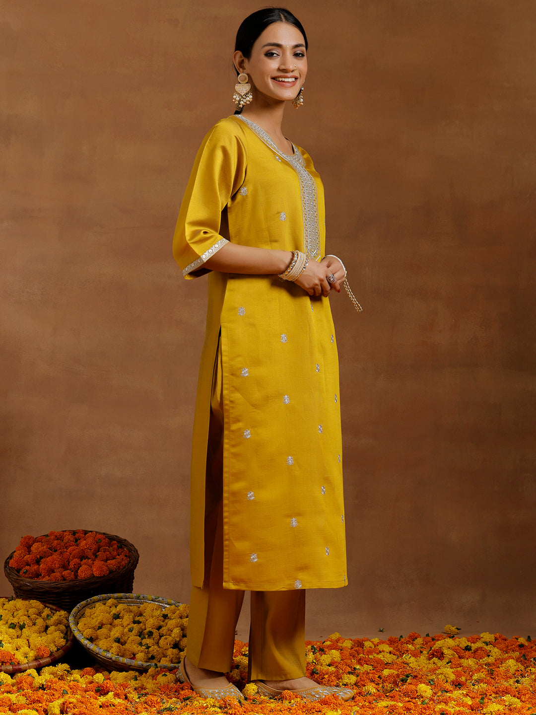 Mustard Embroidered Silk Blend Straight Suit With Dupatta