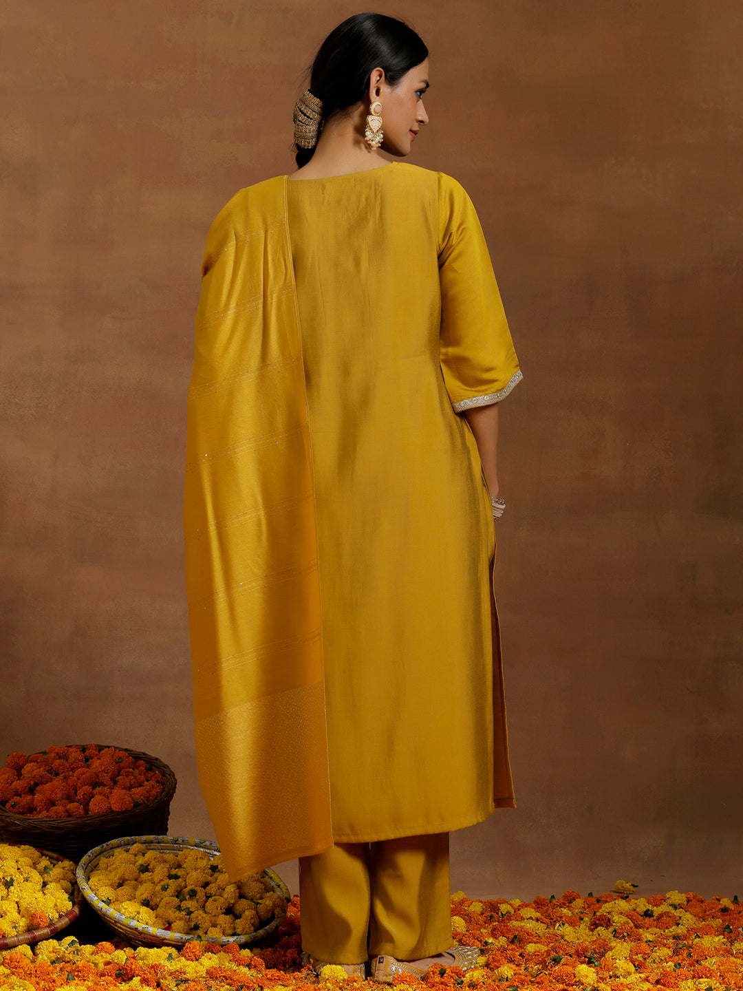 Mustard Embroidered Silk Blend Straight Suit With Dupatta