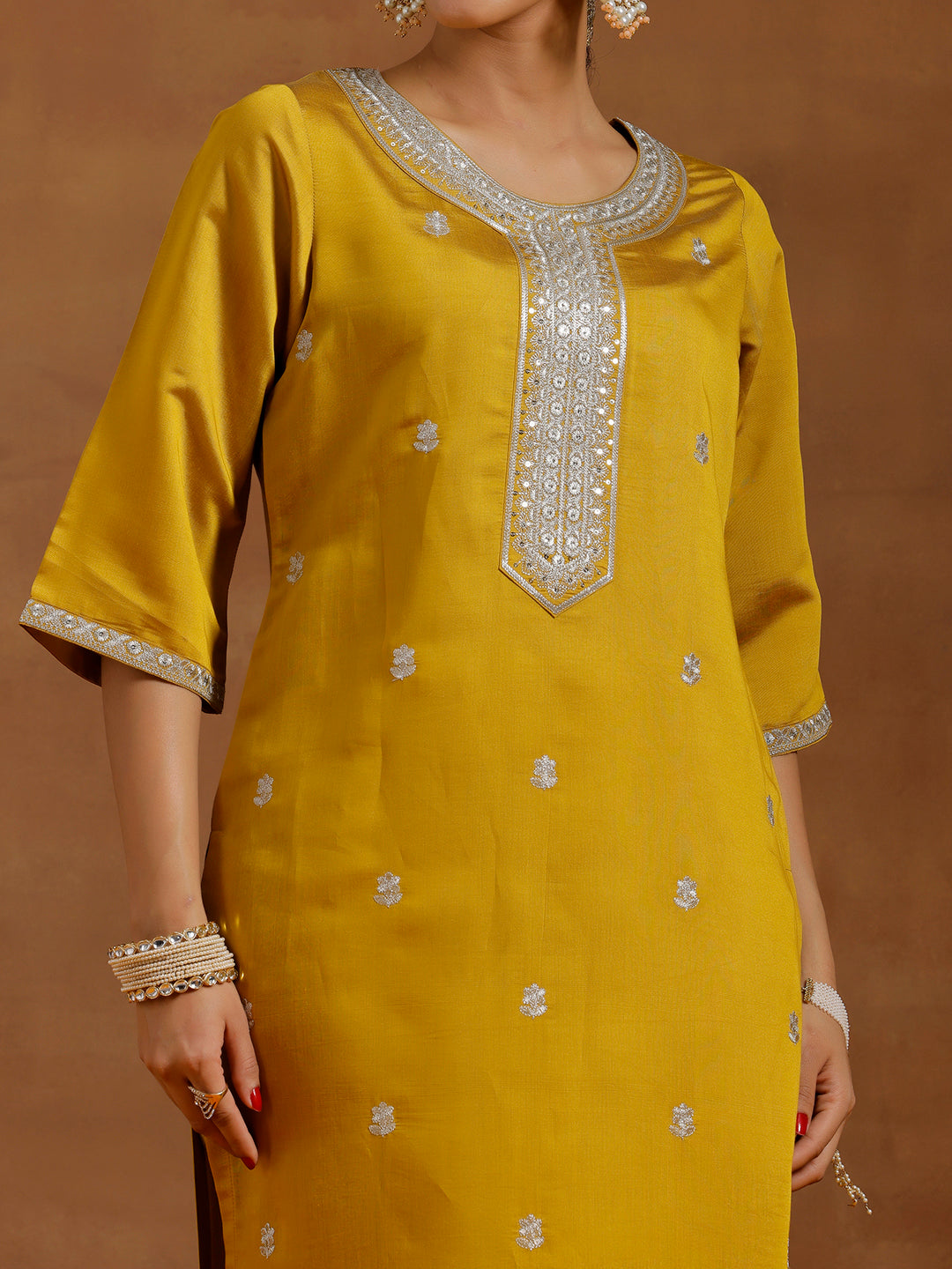 Mustard Embroidered Silk Blend Straight Suit With Dupatta