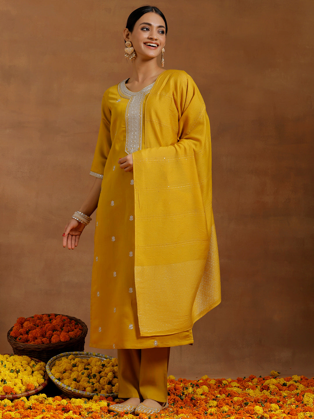 Mustard Embroidered Silk Blend Straight Suit With Dupatta