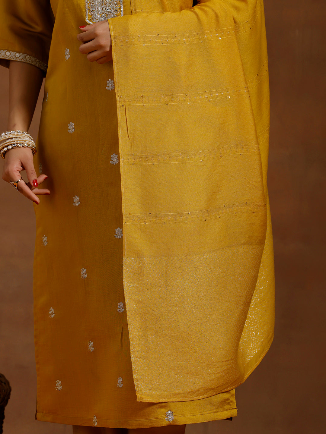 Mustard Embroidered Silk Blend Straight Suit With Dupatta