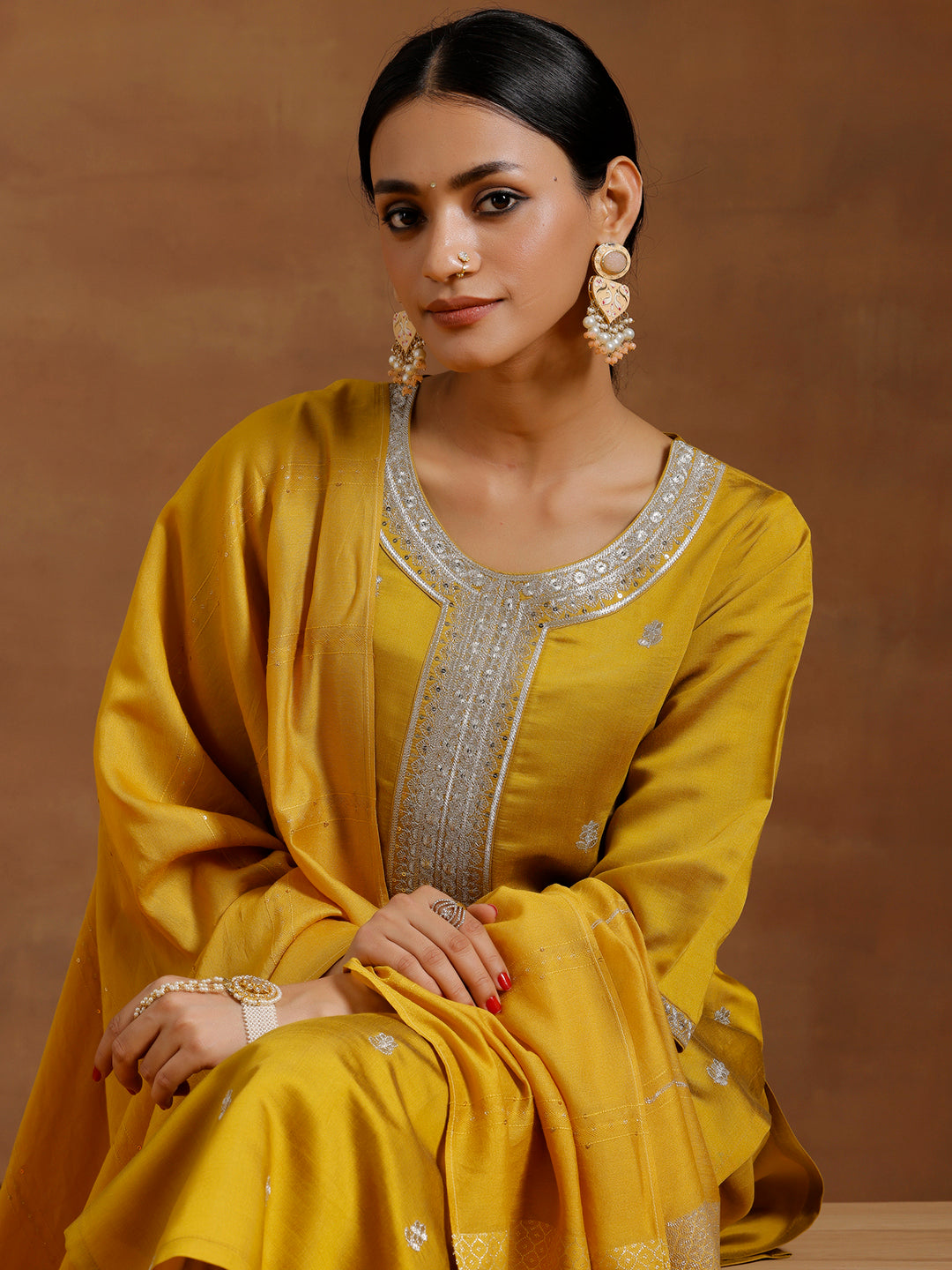 Mustard Embroidered Silk Blend Straight Suit With Dupatta