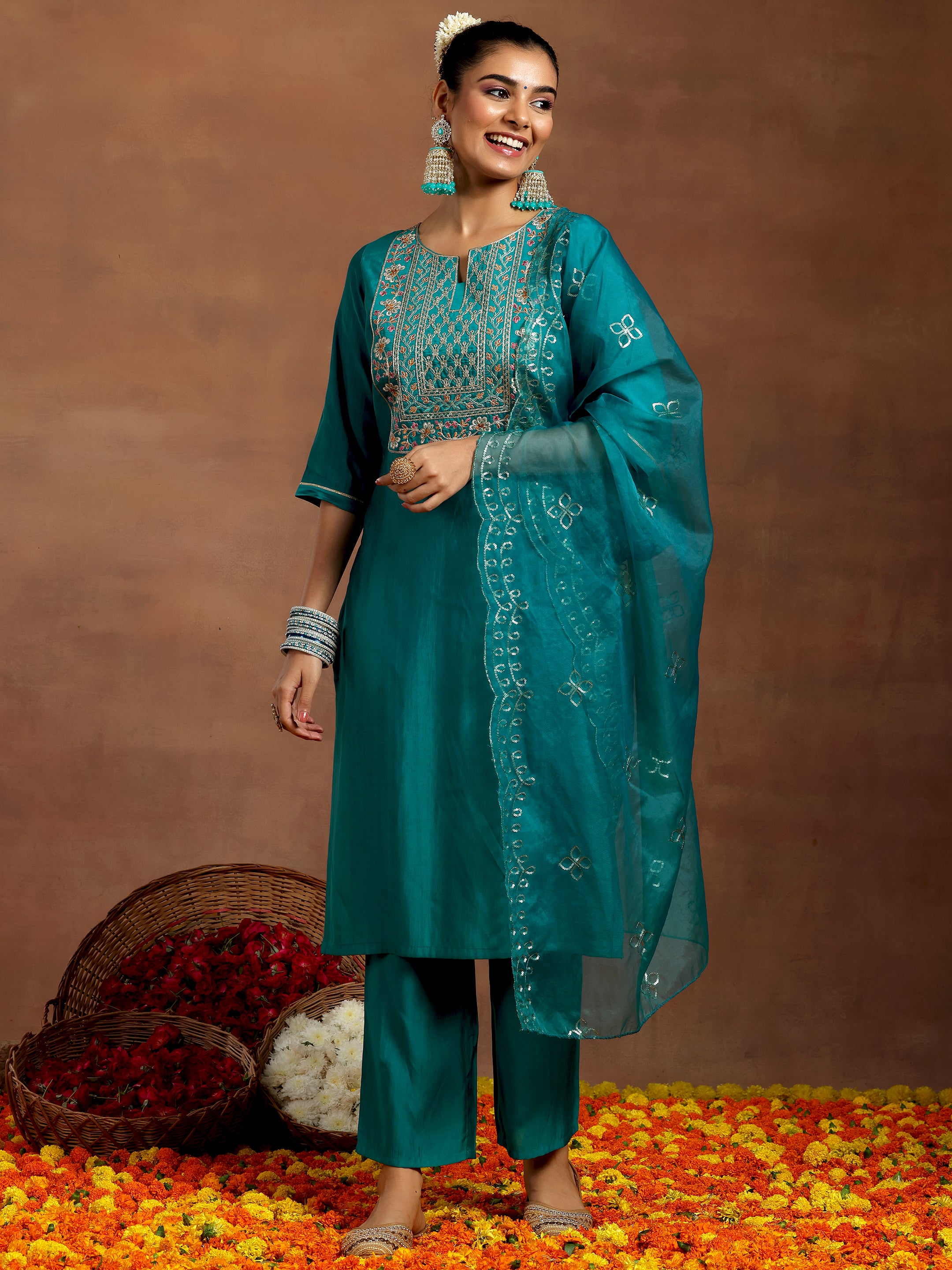 Teal Yoke Design Silk Blend Straight Suit With Dupatta