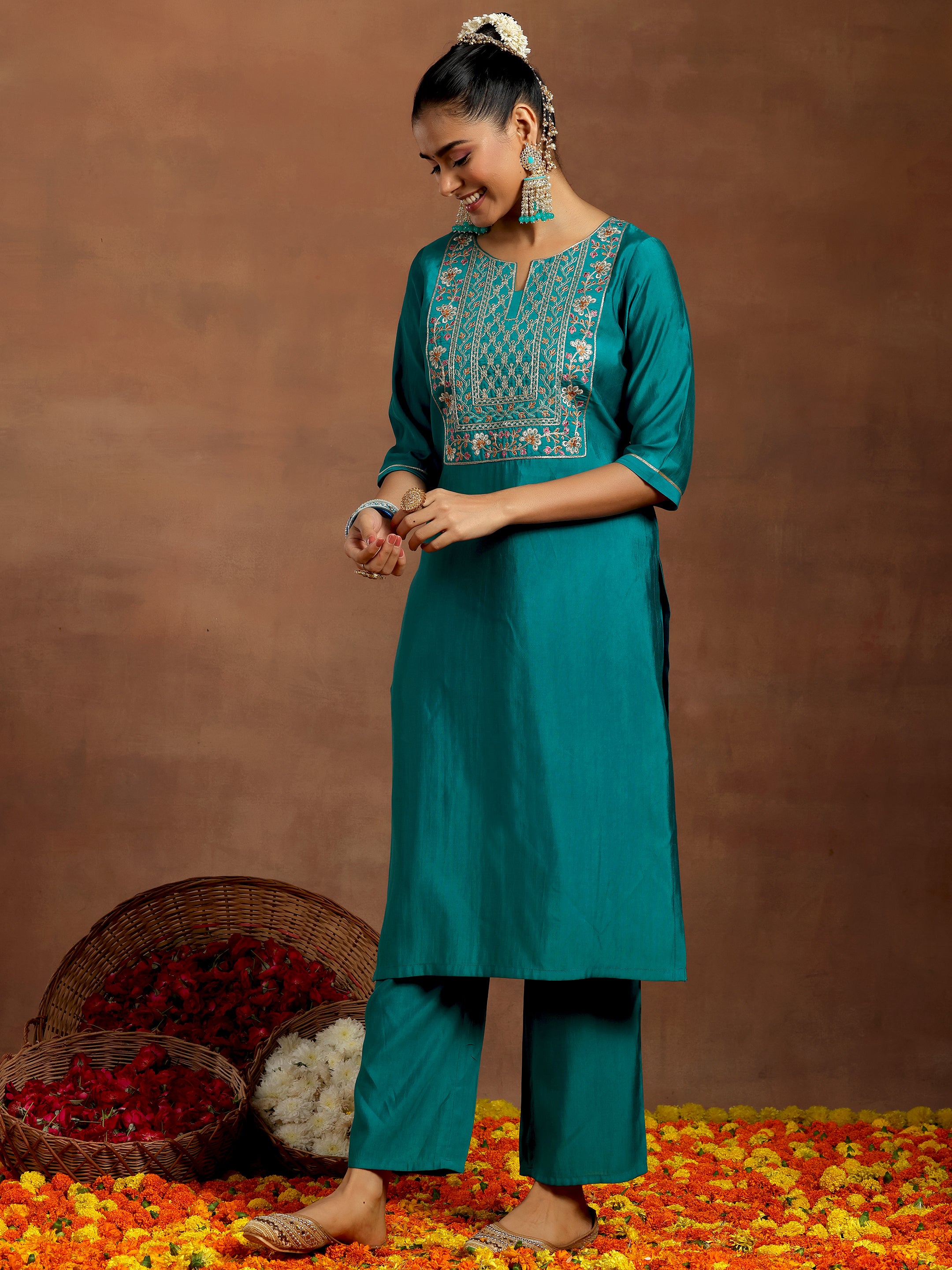 Teal Yoke Design Silk Blend Straight Suit With Dupatta