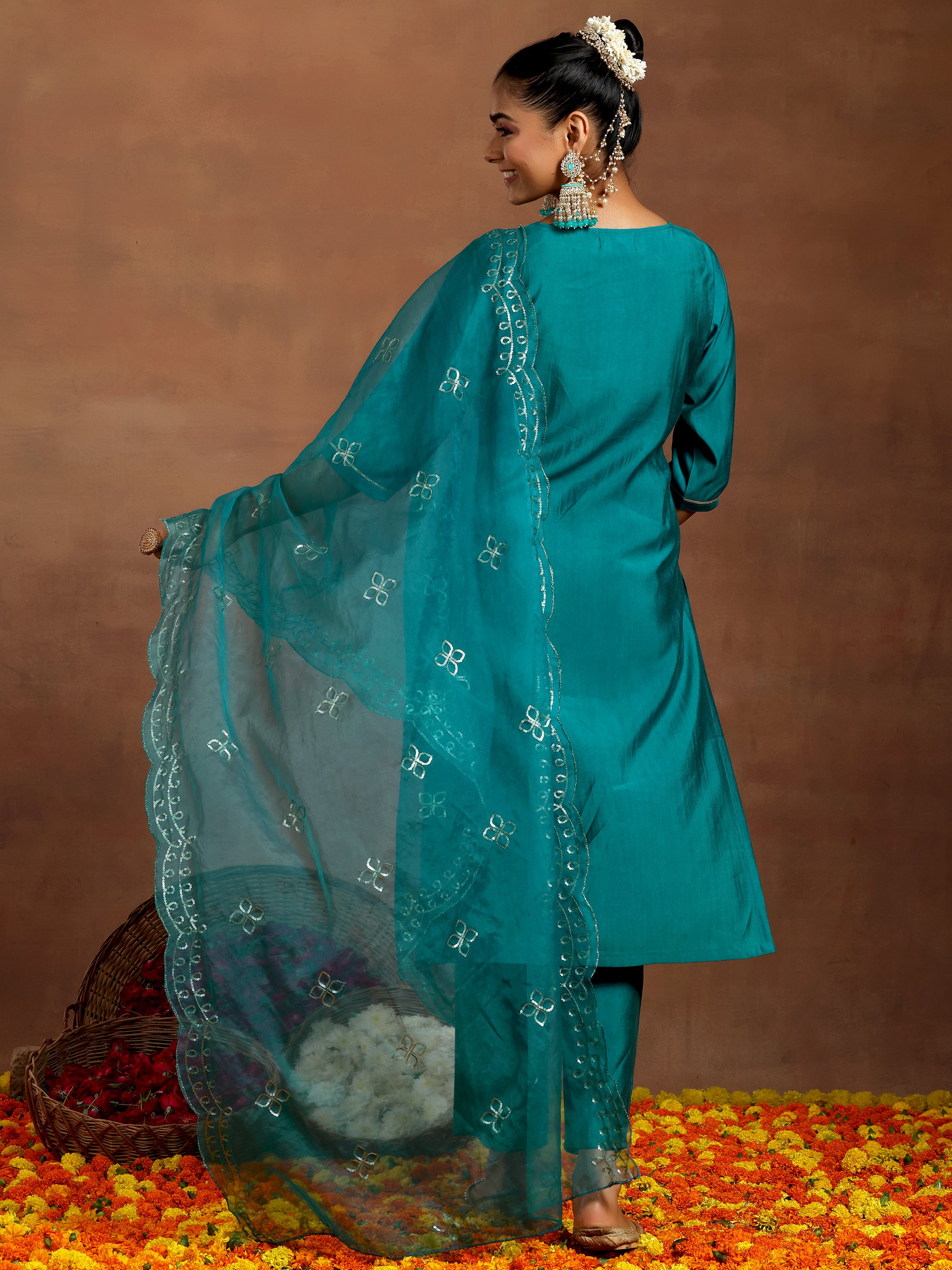 Teal Yoke Design Silk Blend Straight Suit With Dupatta