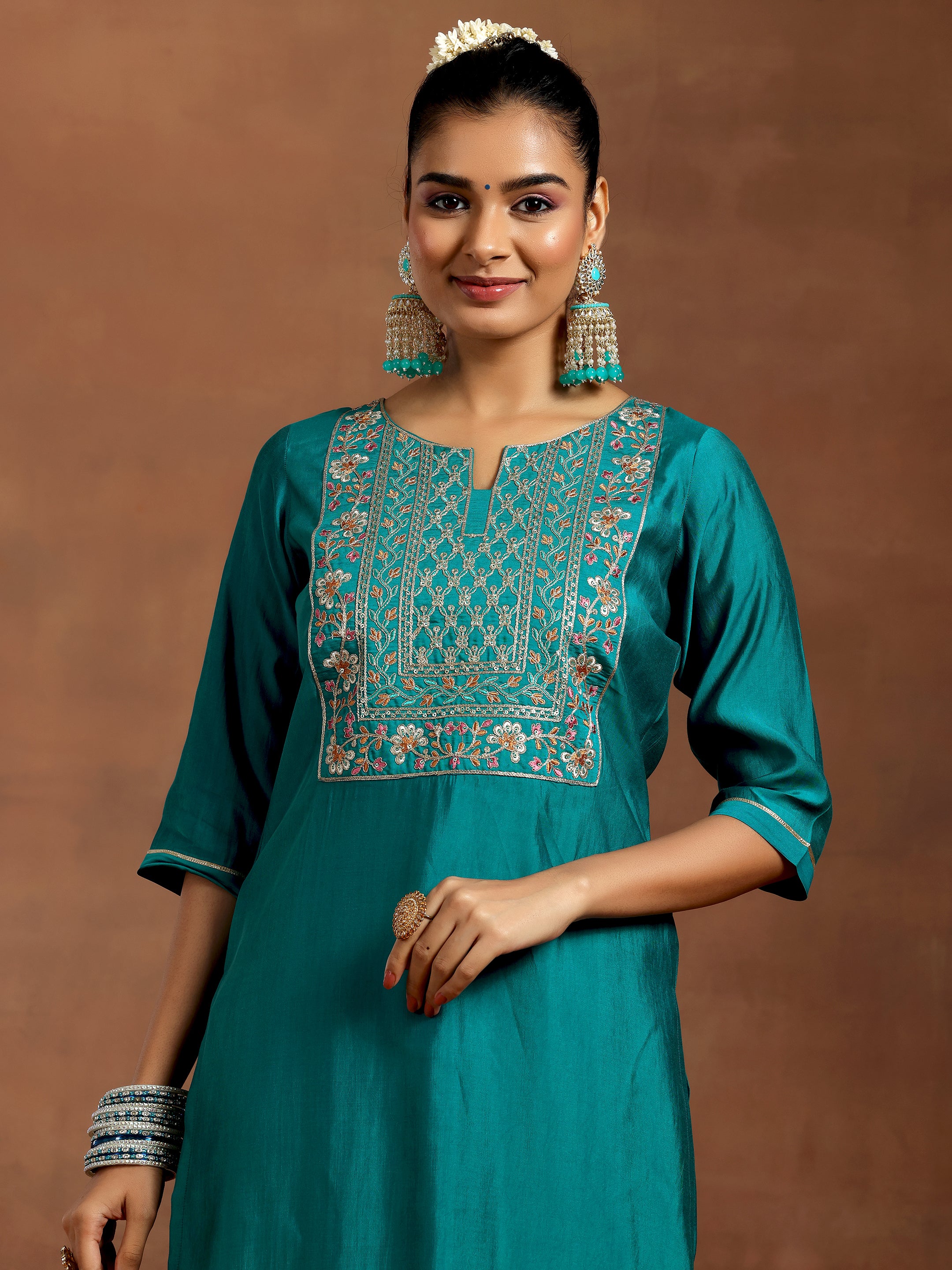 Teal Yoke Design Silk Blend Straight Suit With Dupatta