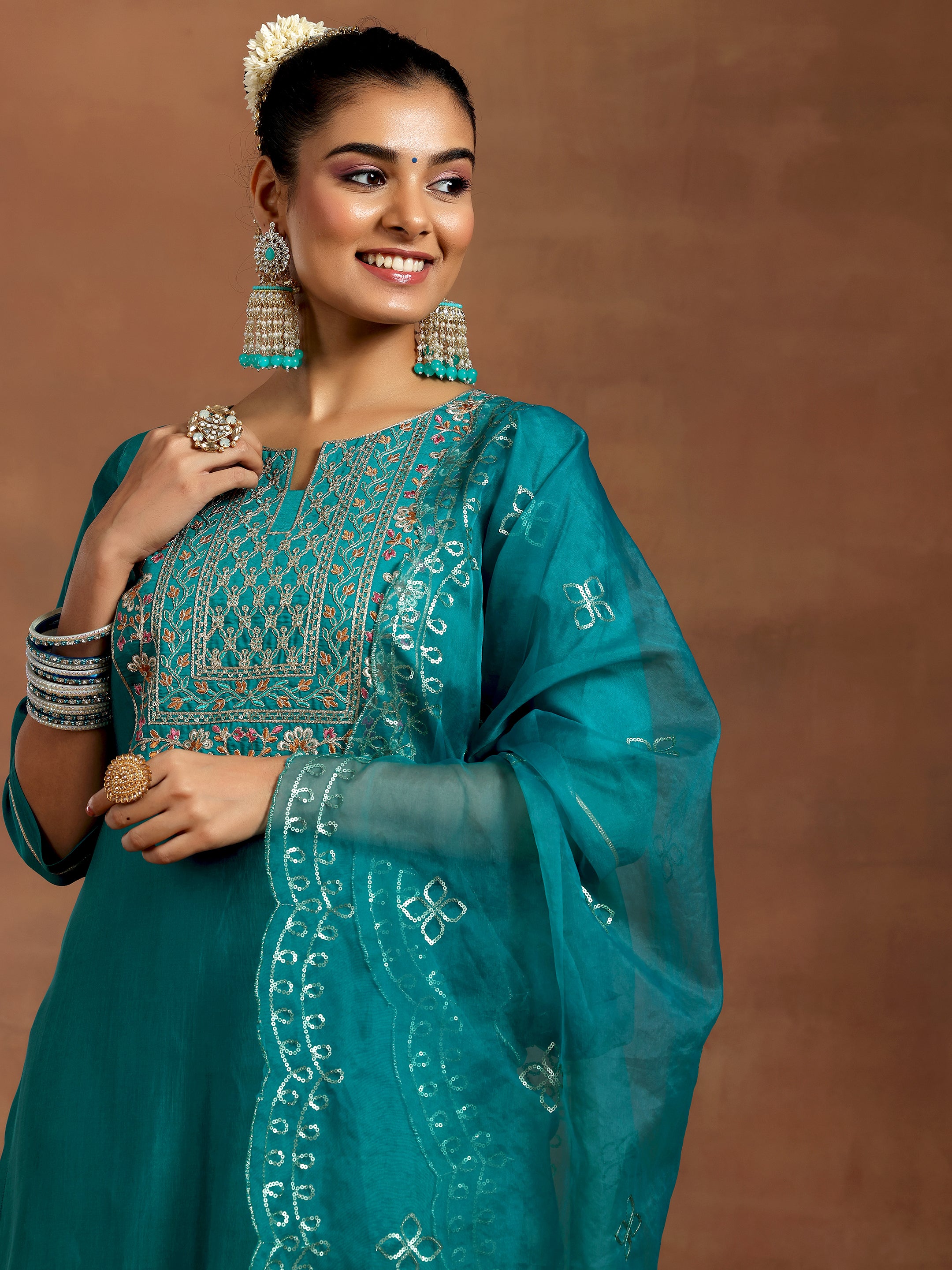 Teal Yoke Design Silk Blend Straight Suit With Dupatta