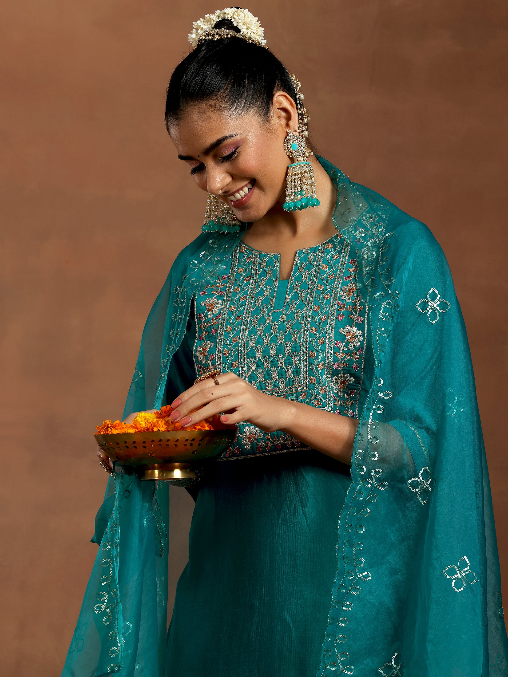 Teal Yoke Design Silk Blend Straight Suit With Dupatta