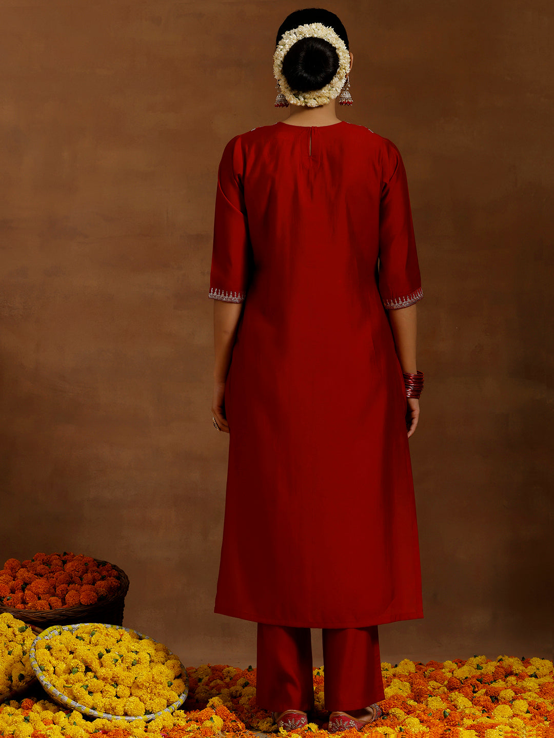 Red Embroidered Silk Blend Straight Kurta Set