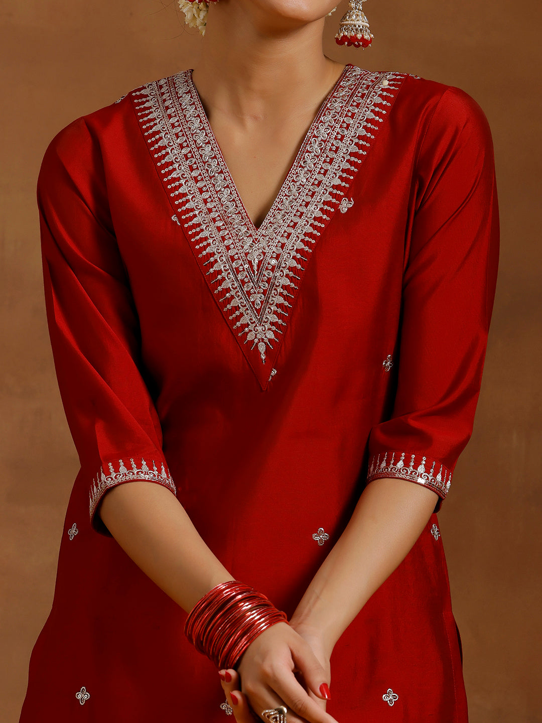 Red Embroidered Silk Blend Straight Kurta Set