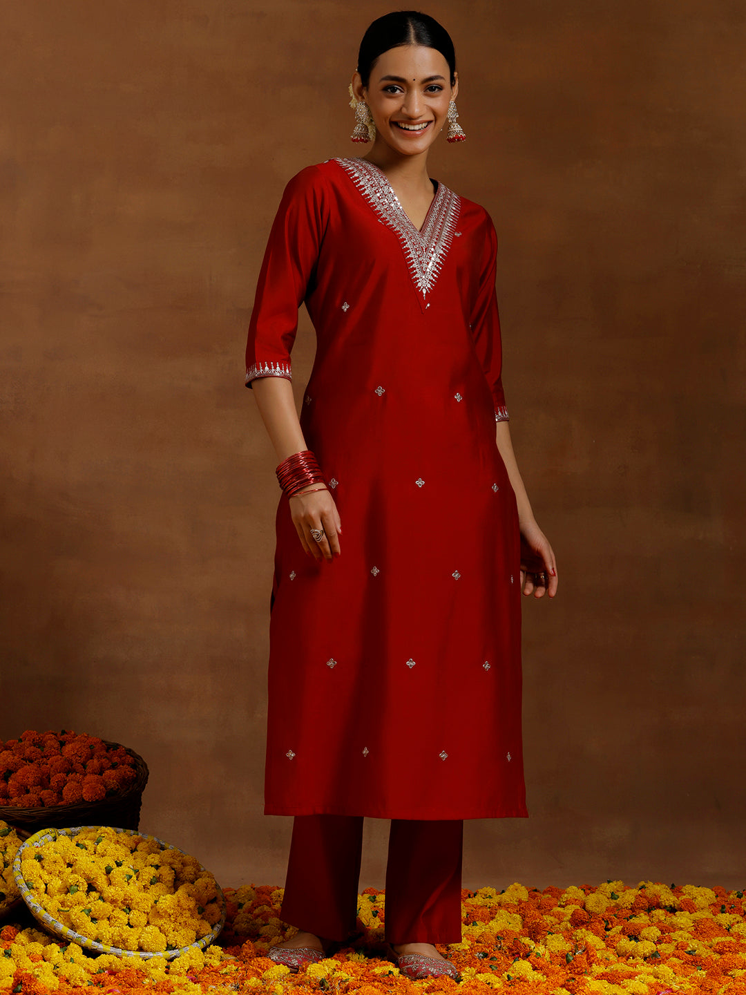 Red Embroidered Silk Blend Straight Kurta Set