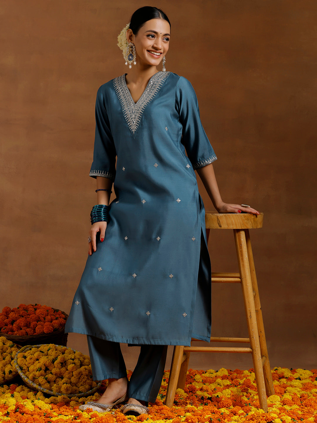 Blue Embroidered Silk Blend Straight Kurta Set