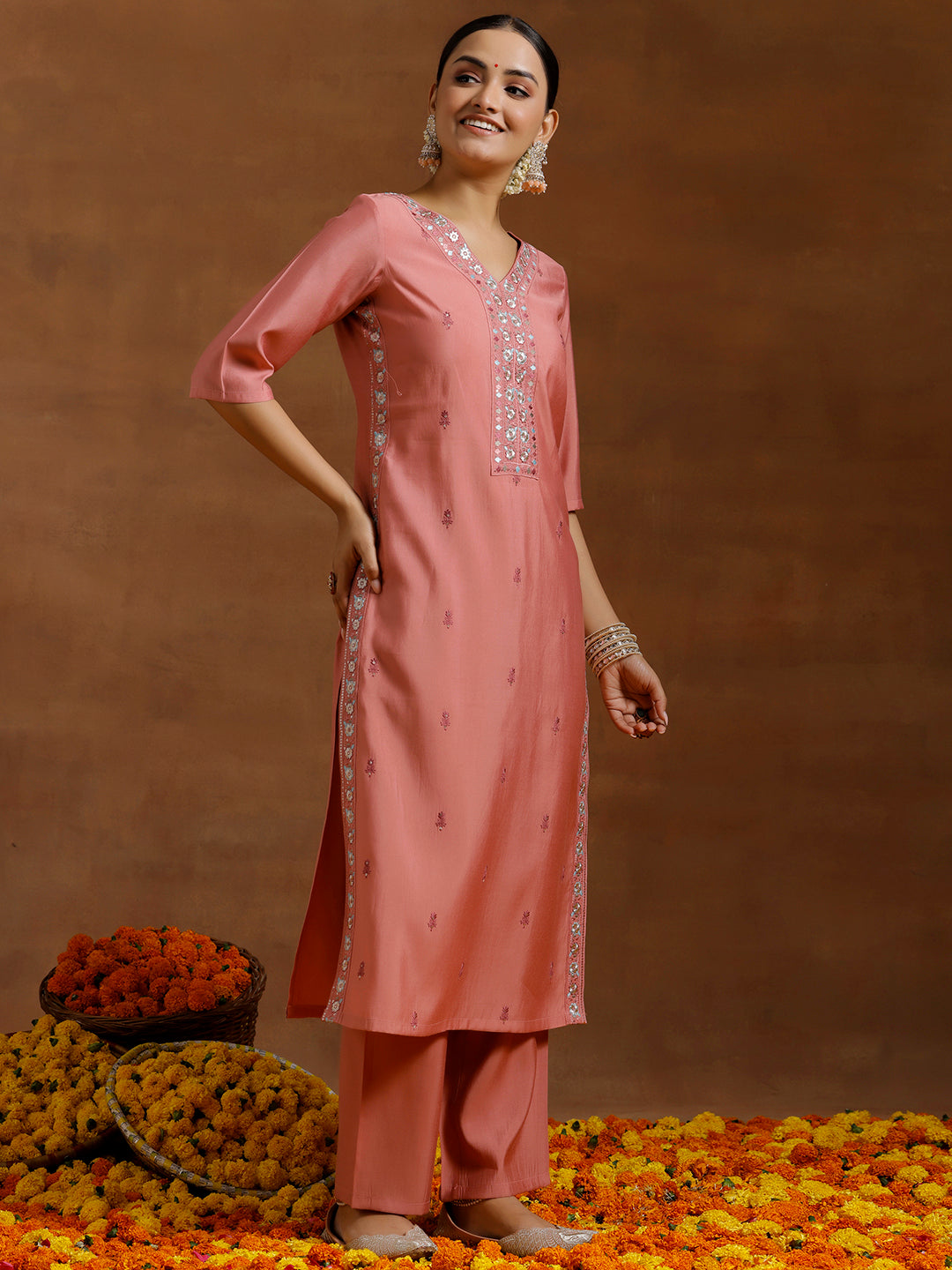 Peach Embroidered Silk Blend Straight Kurta Set