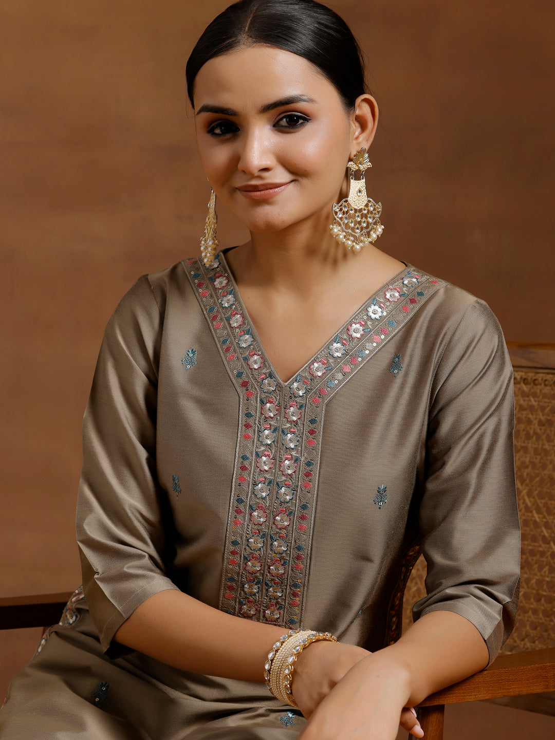 Gold Embroidered Silk Blend Straight Kurta Set