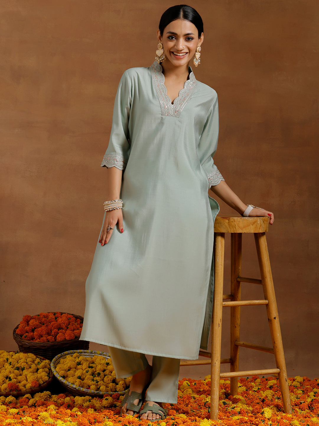 Sea Green Embroidered Silk Blend Straight Kurta Set