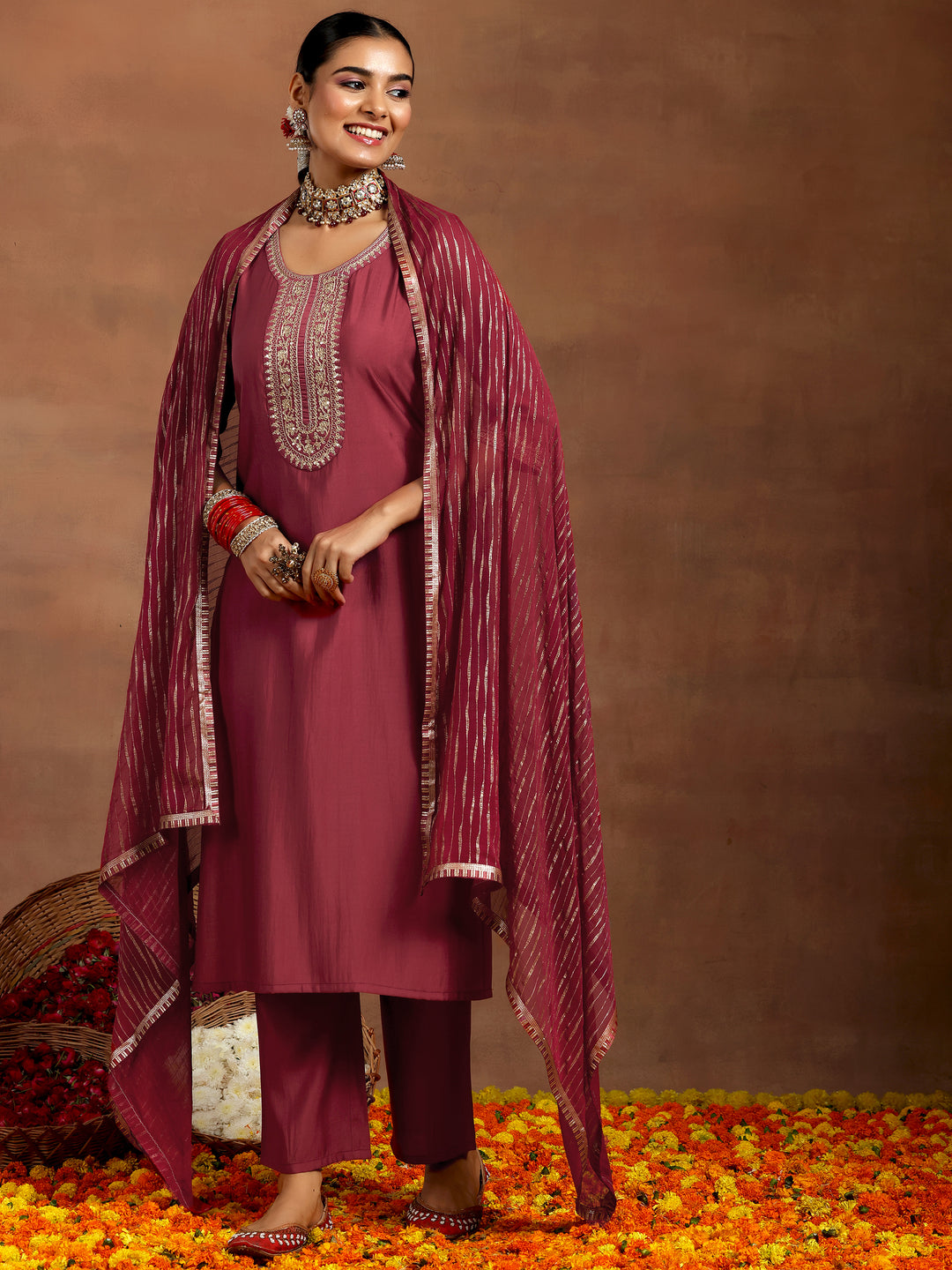 Rust Yoke Design Silk Blend Straight Suit With Dupatta