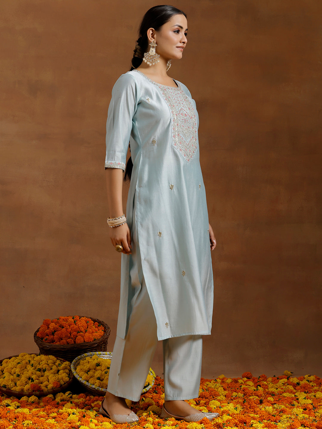 Blue Embroidered Silk Blend Straight Kurta Set