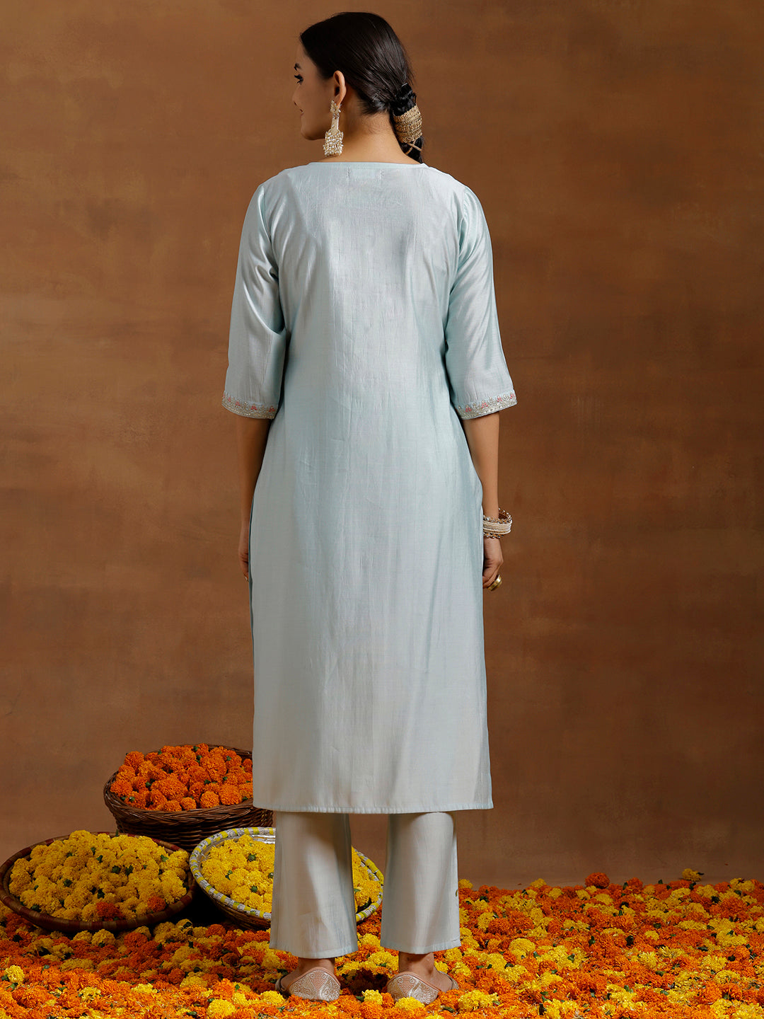 Blue Embroidered Silk Blend Straight Kurta Set