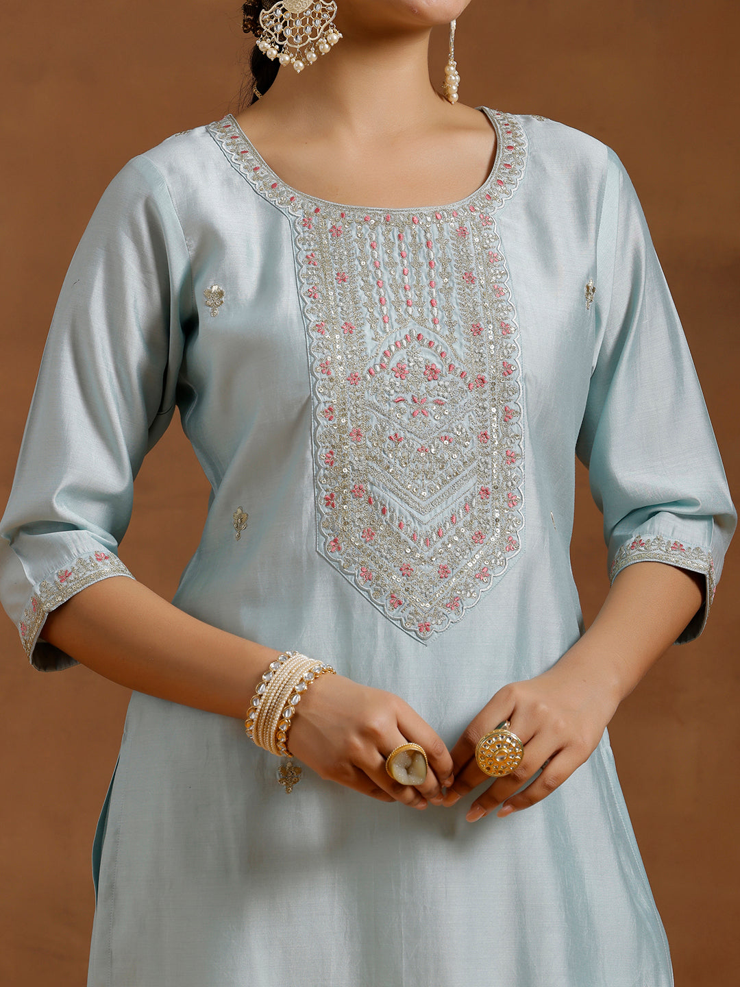 Blue Embroidered Silk Blend Straight Kurta Set