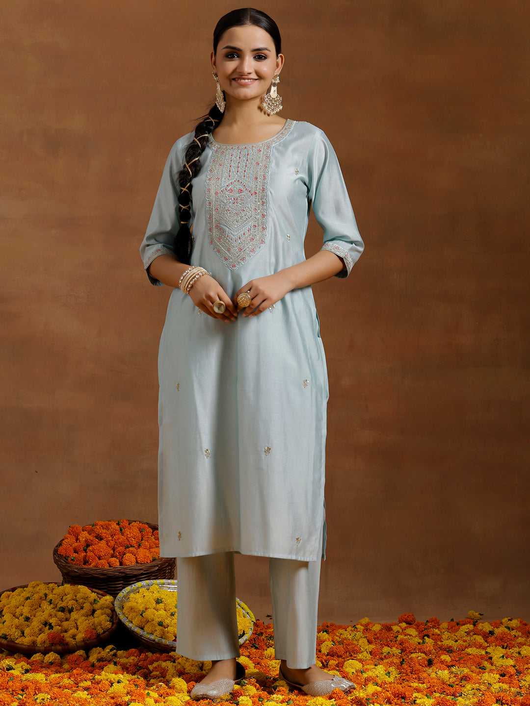 Blue Embroidered Silk Blend Straight Kurta Set