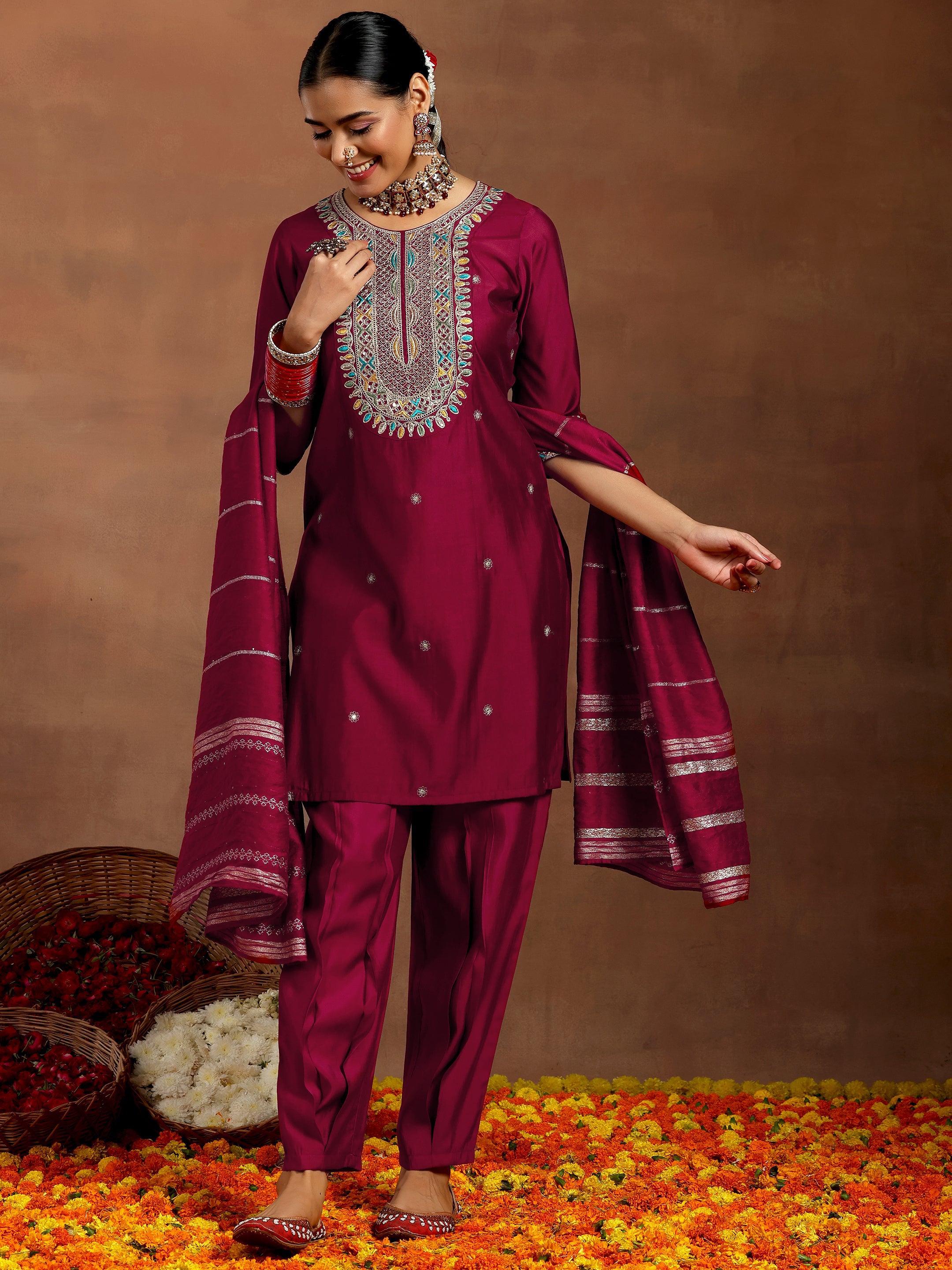 Maroon Embroidered Silk Blend Straight Suit With Dupatta