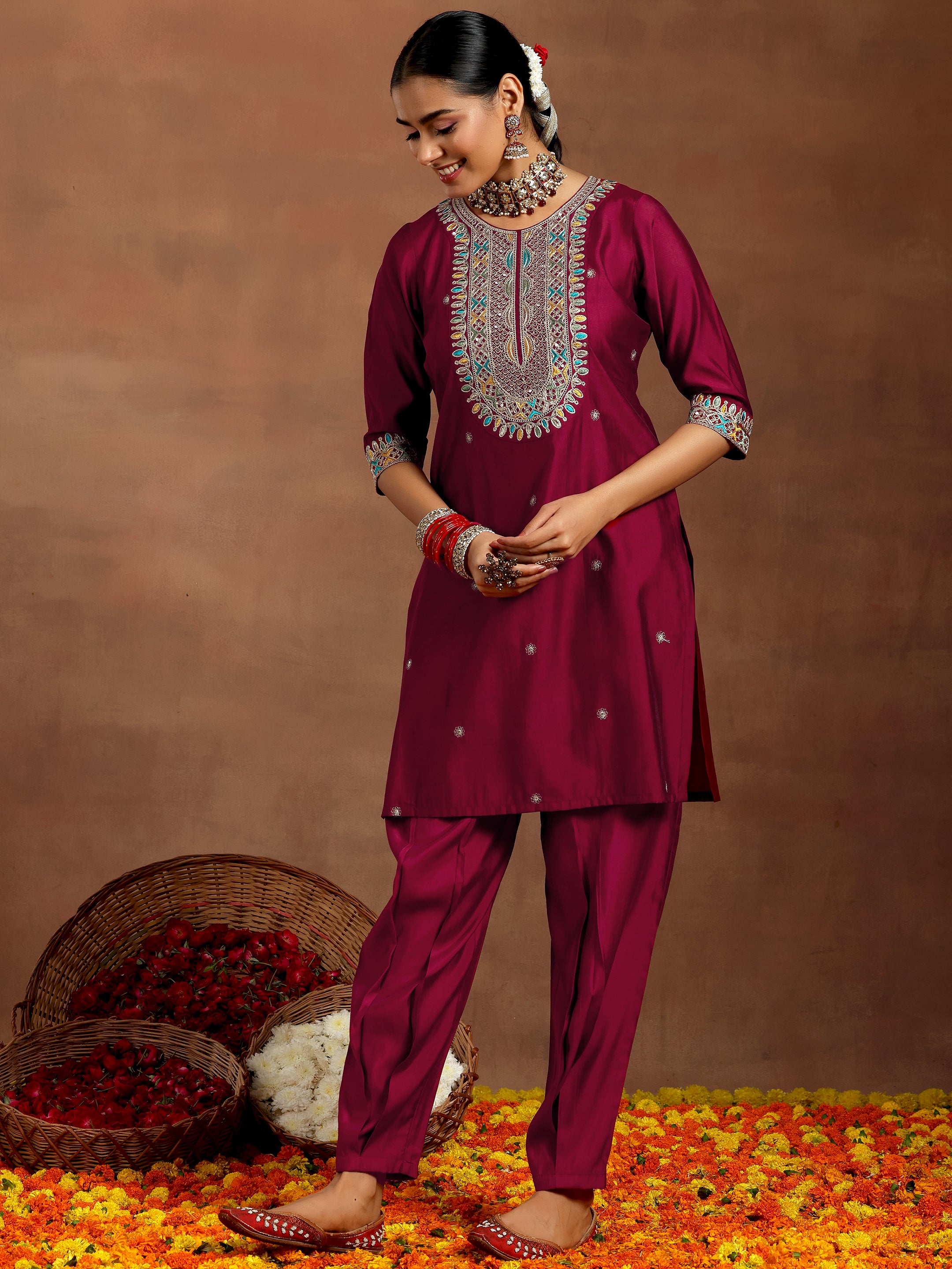 Maroon Embroidered Silk Blend Straight Suit With Dupatta