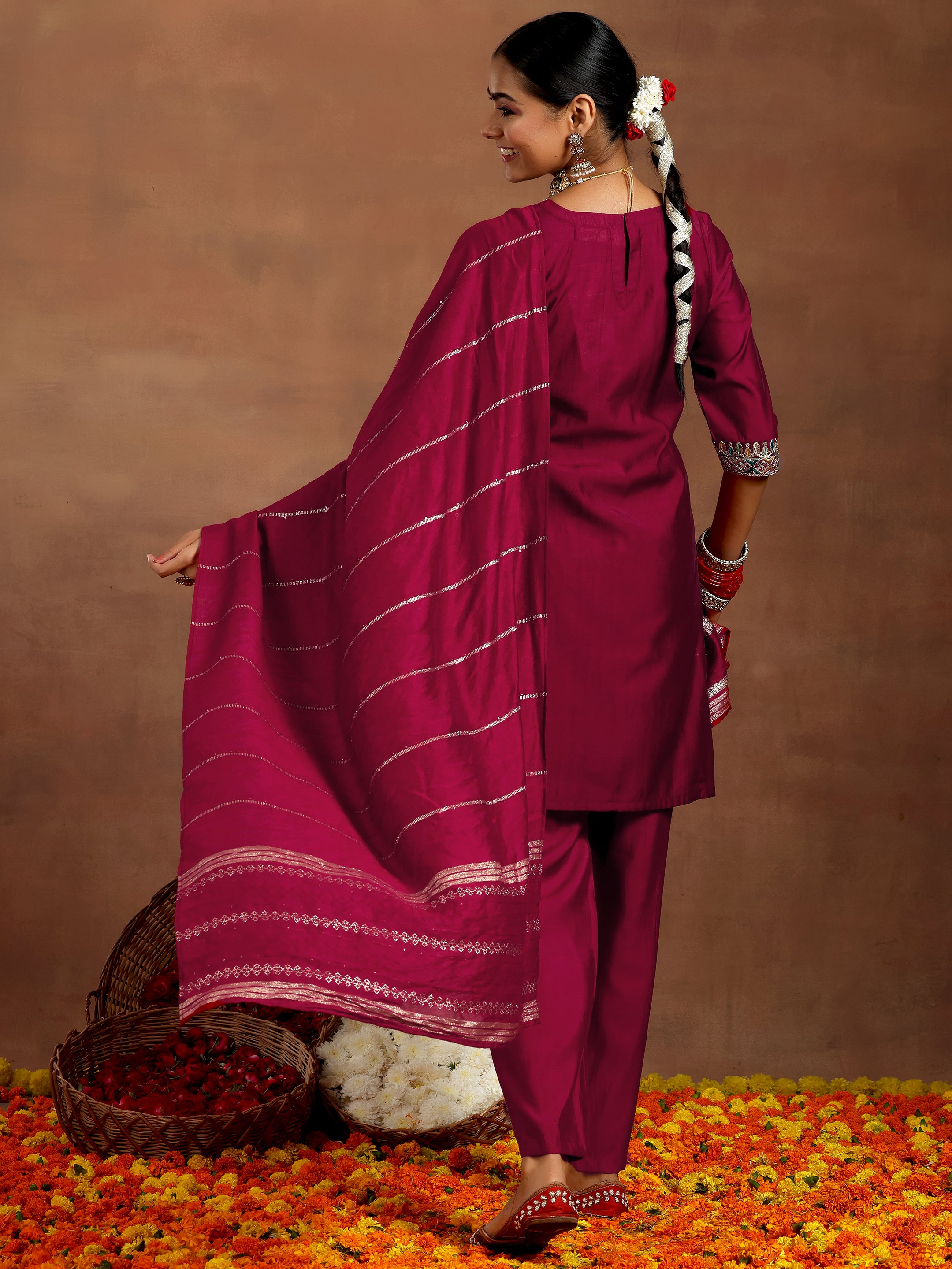 Maroon Embroidered Silk Blend Straight Suit With Dupatta