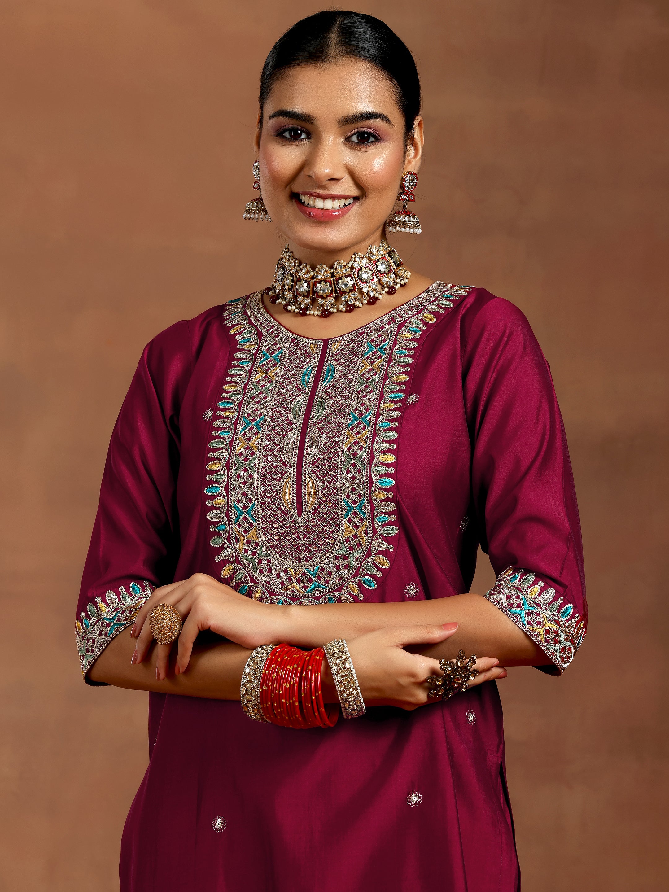 Maroon Embroidered Silk Blend Straight Suit With Dupatta