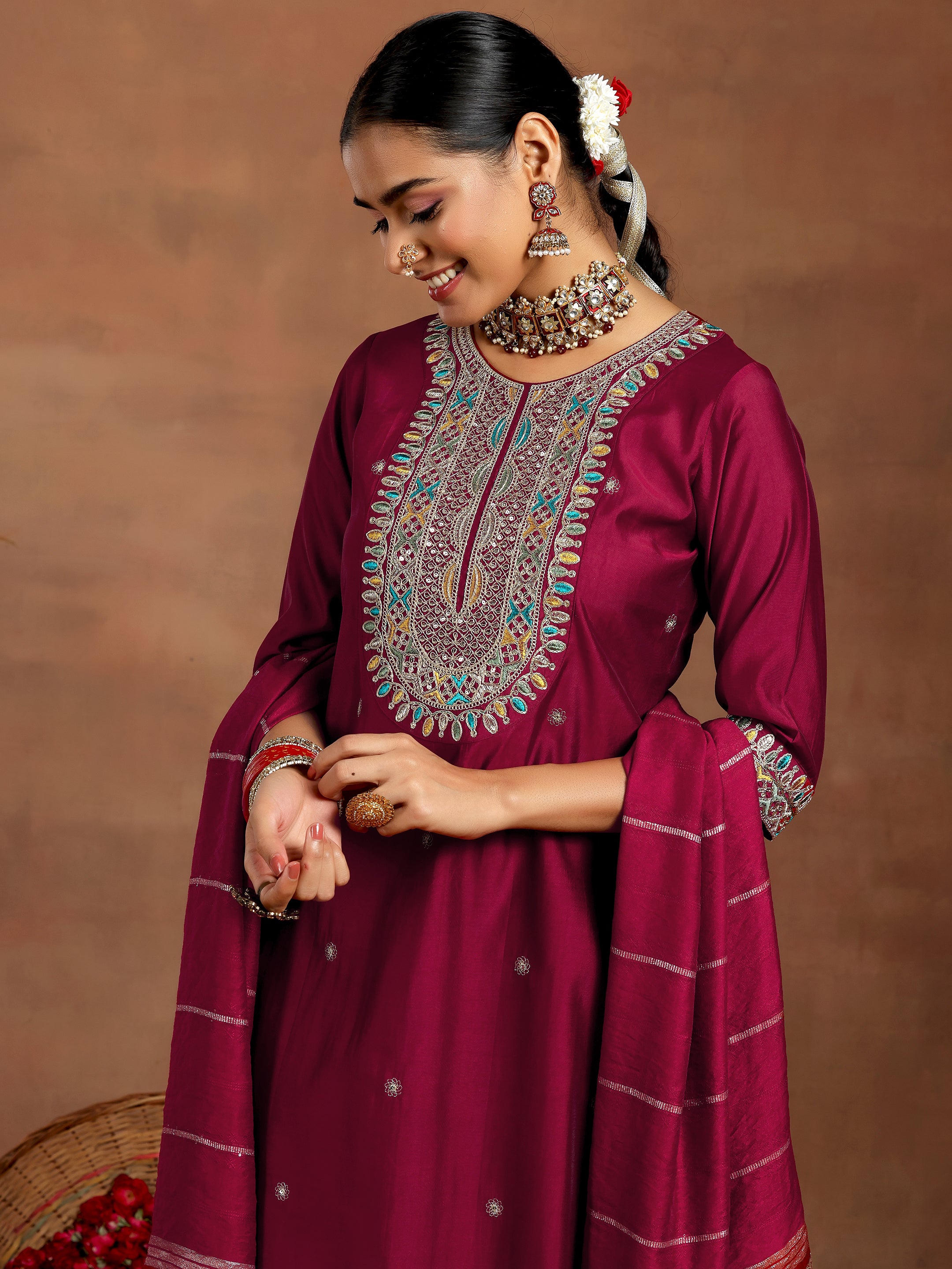 Maroon Embroidered Silk Blend Straight Suit With Dupatta