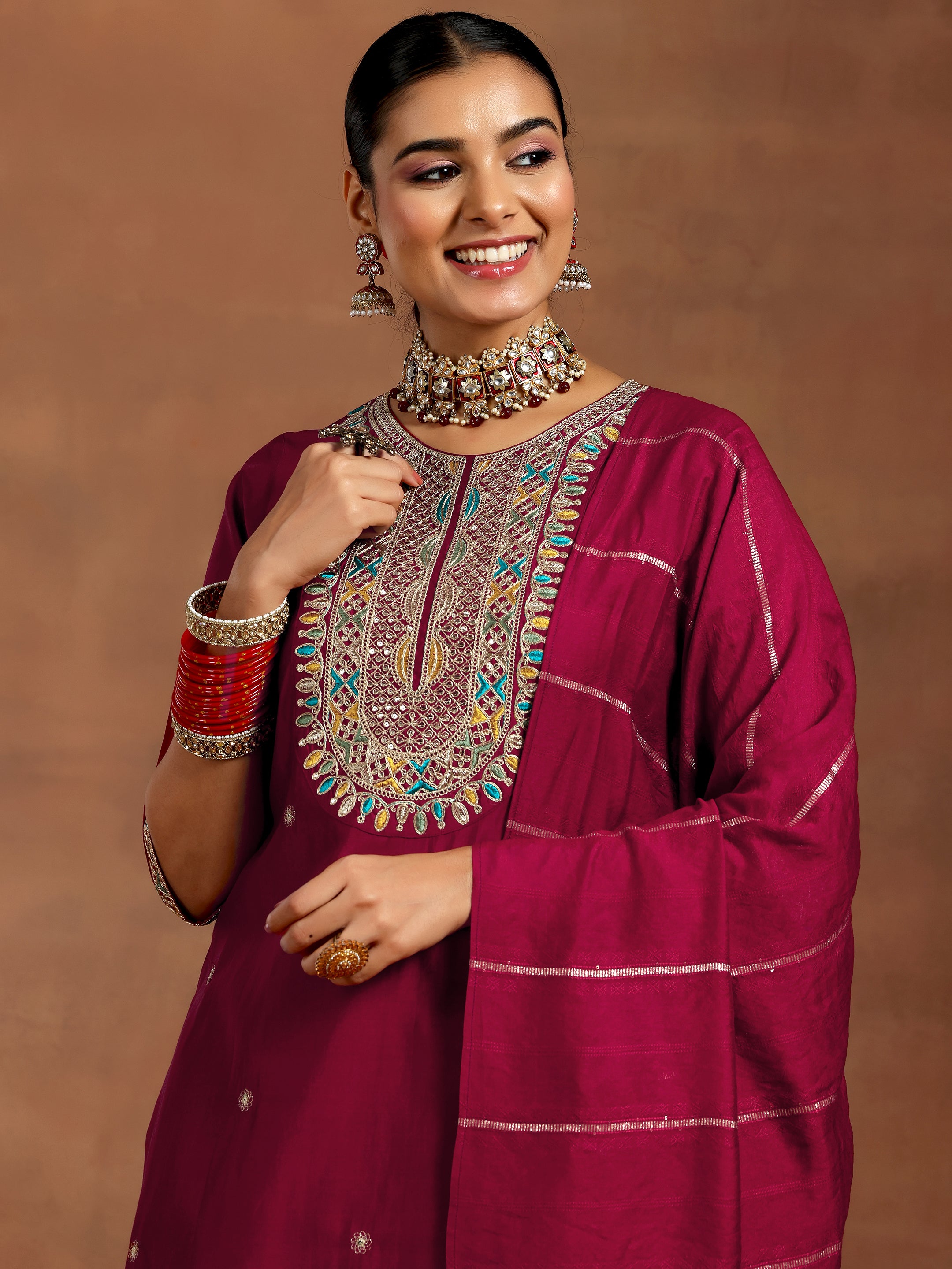 Maroon Embroidered Silk Blend Straight Suit With Dupatta