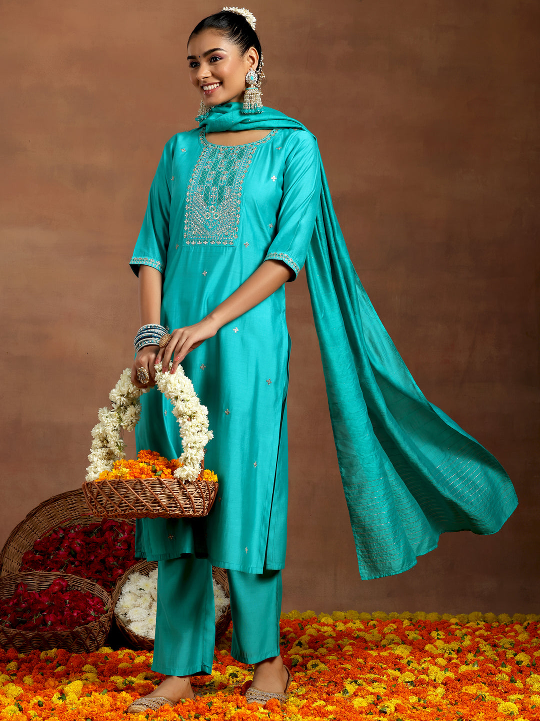 Blue Embroidered Silk Blend Straight Suit With Dupatta