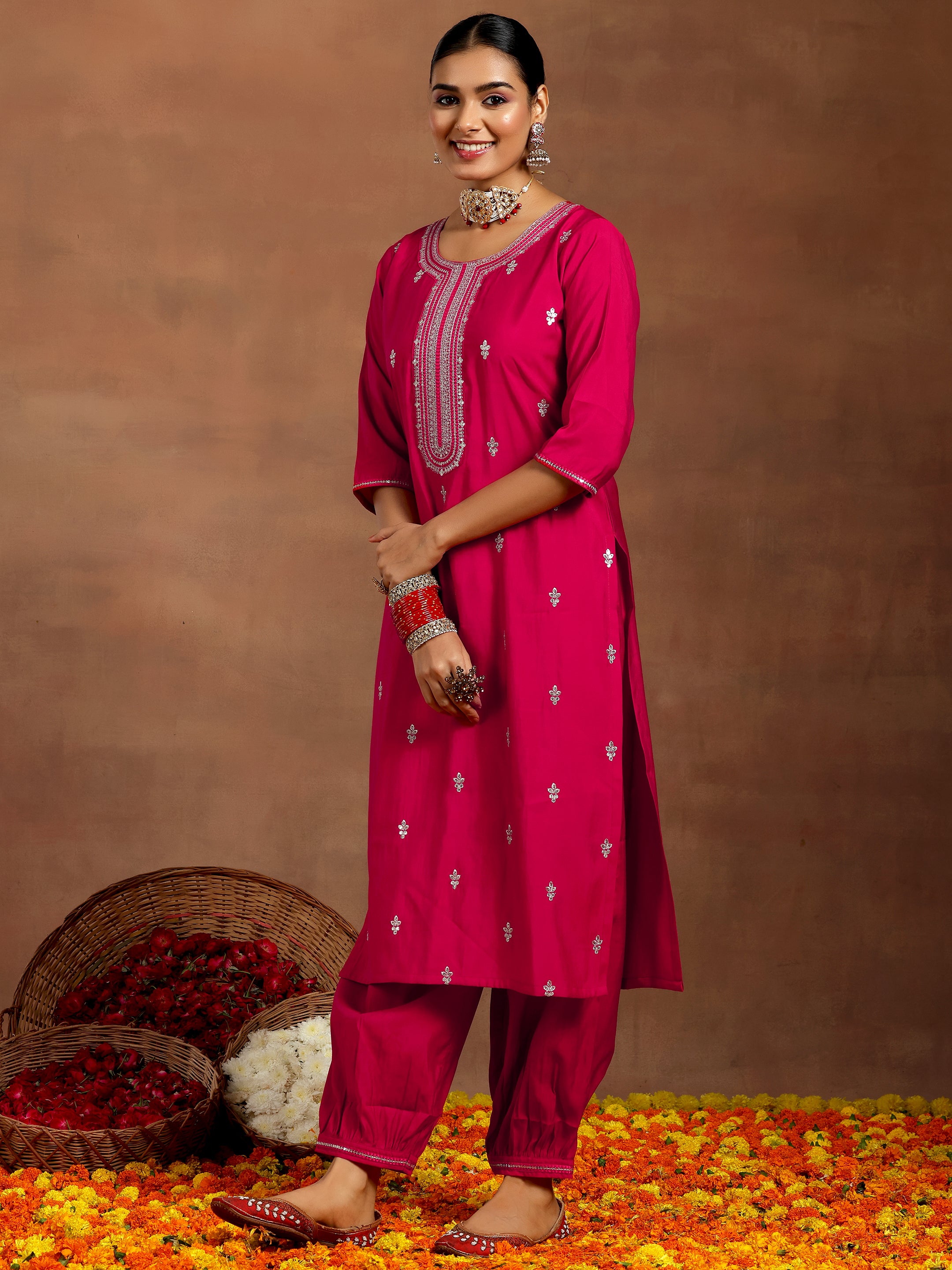 Pink Embroidered Silk Blend Straight Suit With Dupatta