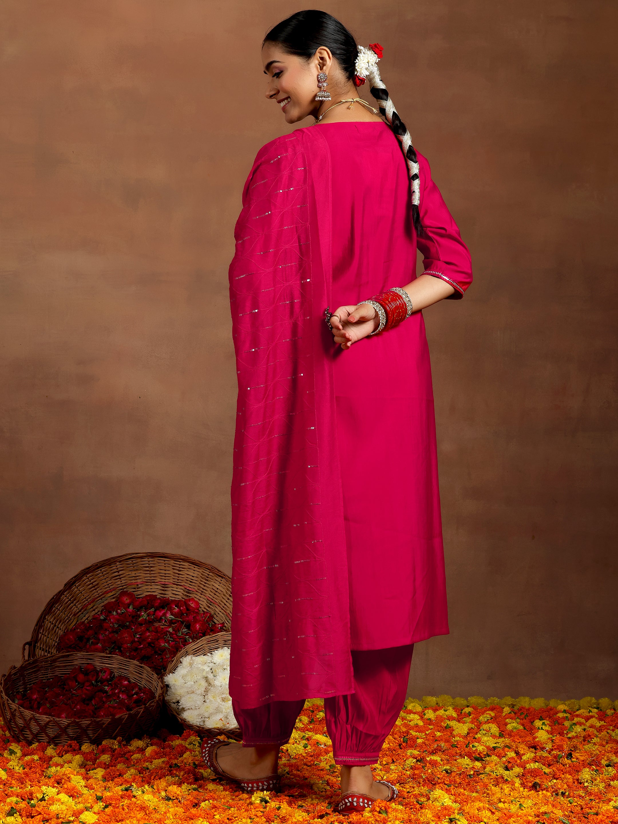 Pink Embroidered Silk Blend Straight Suit With Dupatta