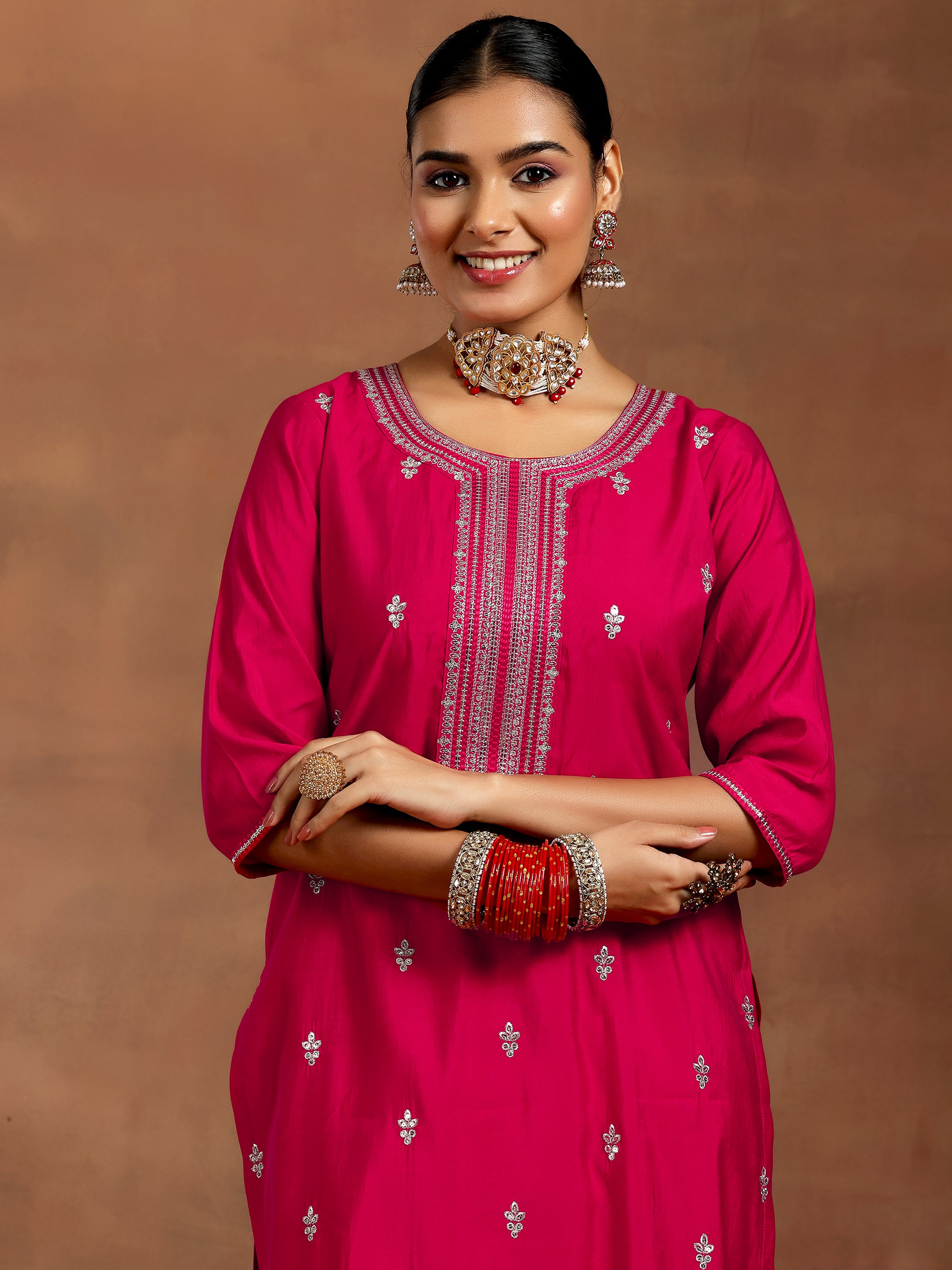 Pink Embroidered Silk Blend Straight Suit With Dupatta