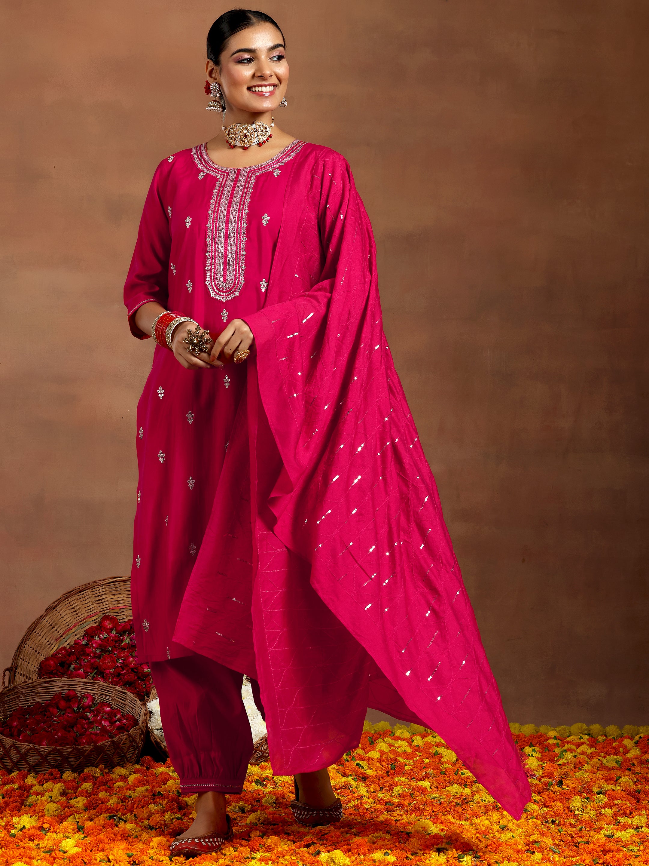 Pink Embroidered Silk Blend Straight Suit With Dupatta