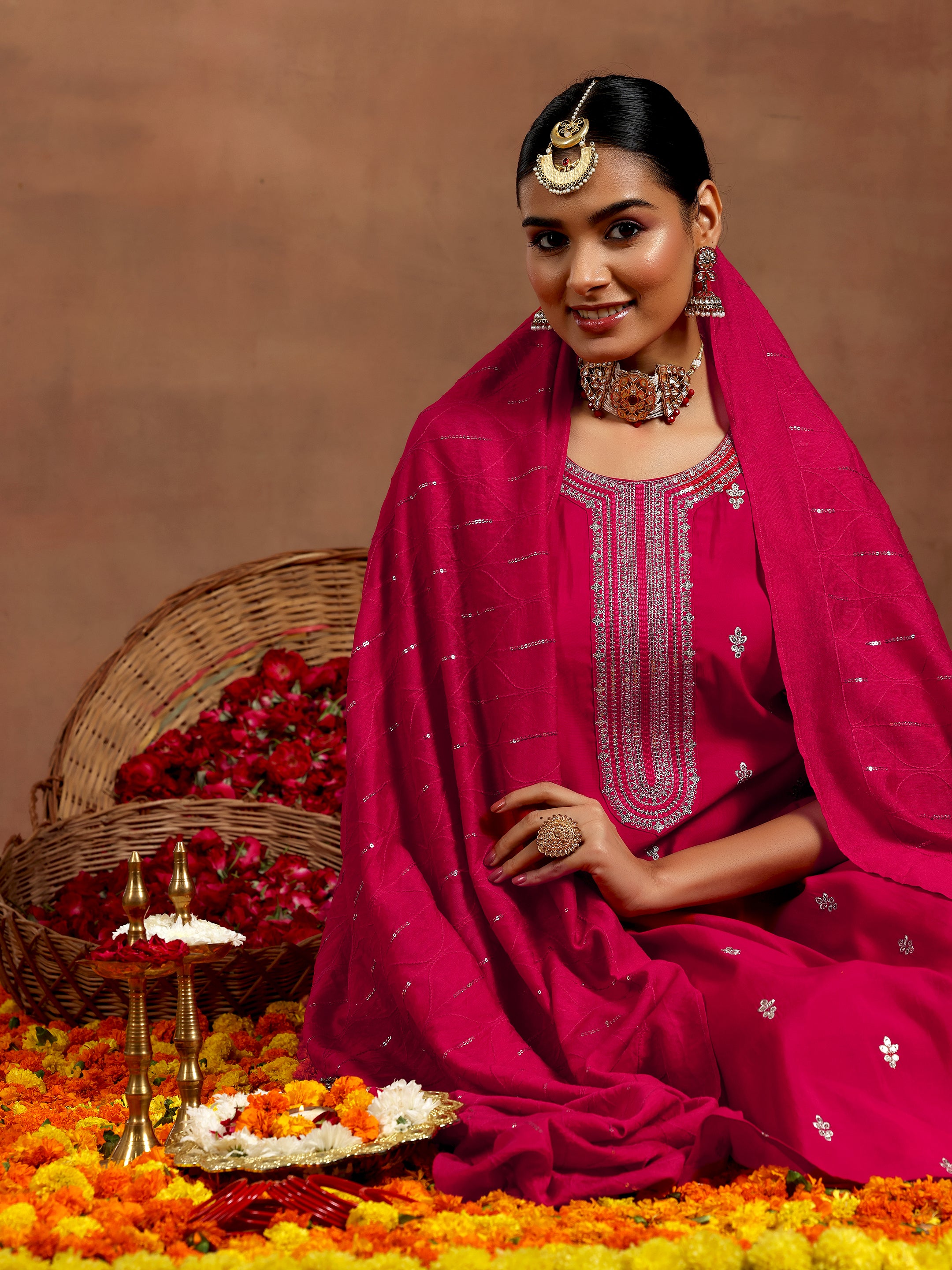 Pink Embroidered Silk Blend Straight Suit With Dupatta