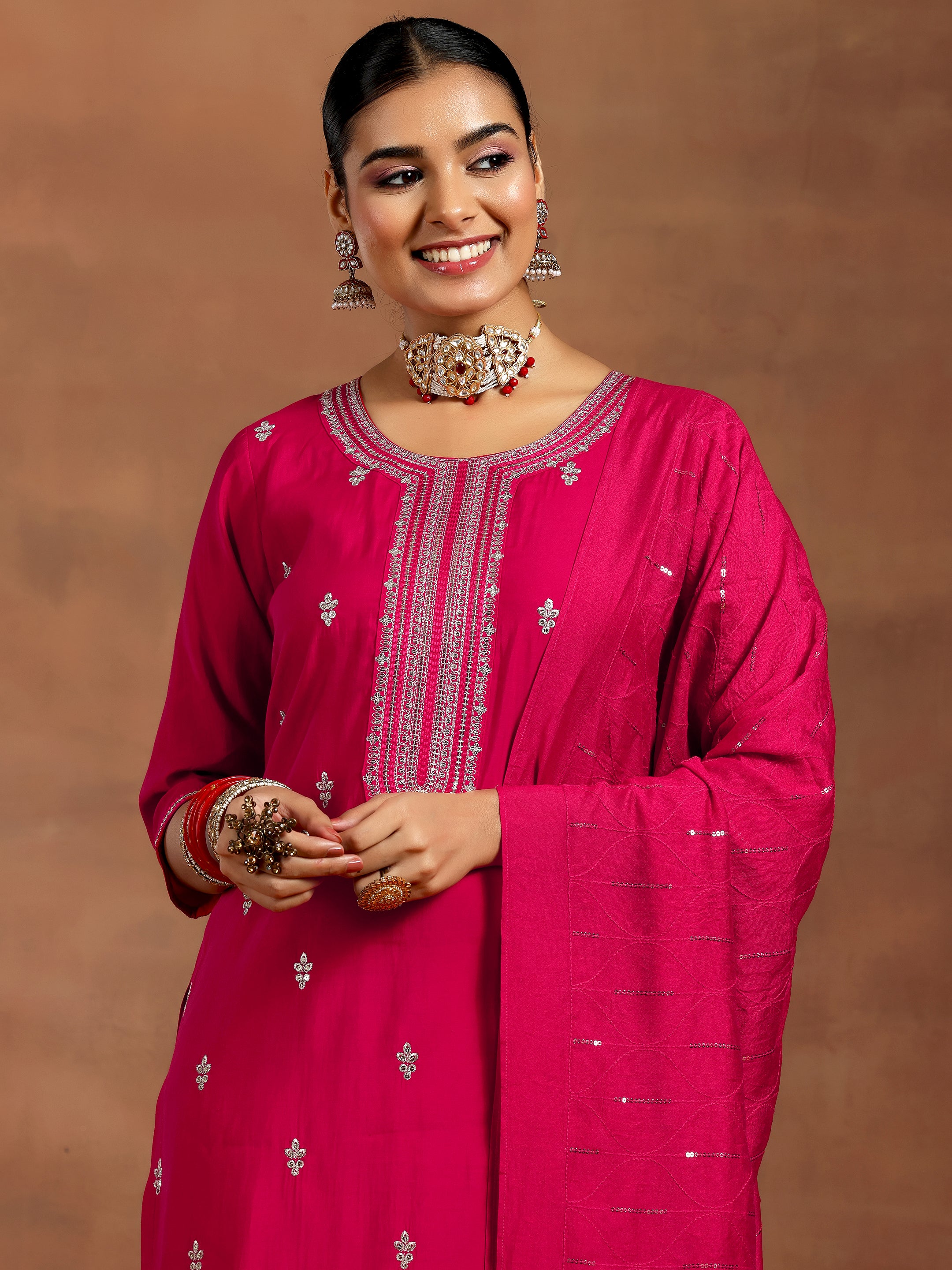 Pink Embroidered Silk Blend Straight Suit With Dupatta