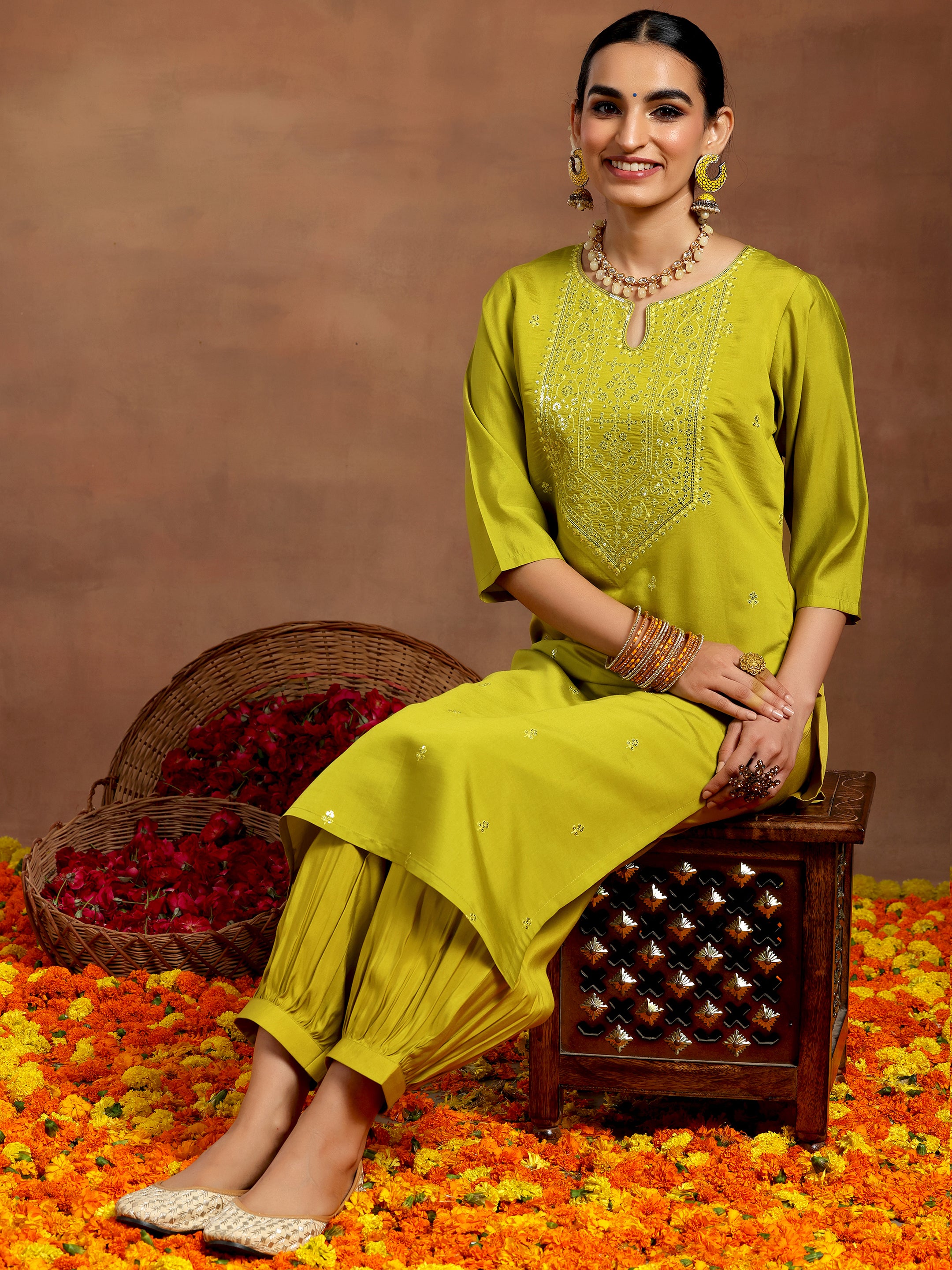 Lime Green Embroidered Silk Blend Straight Kurta Set