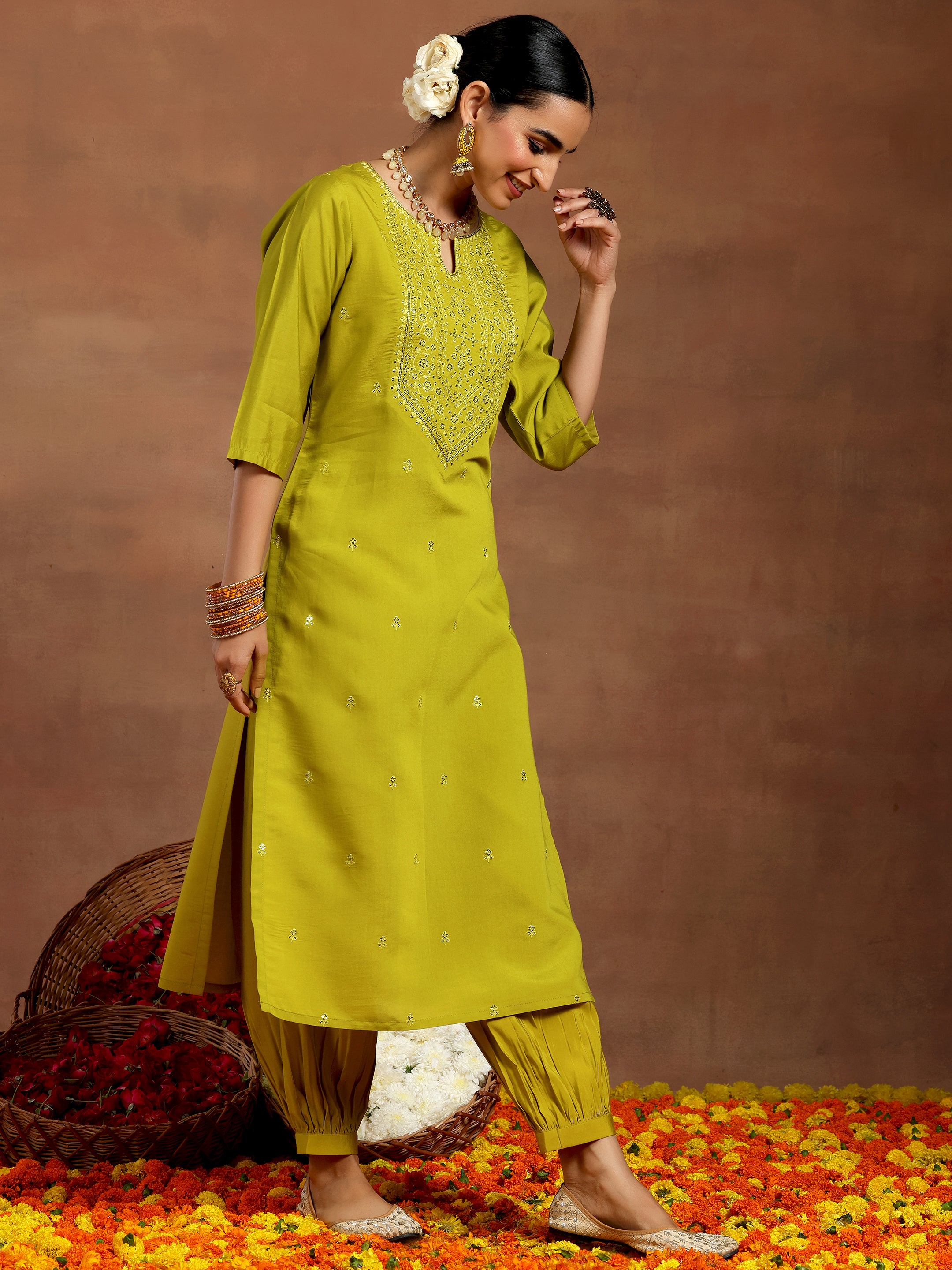 Lime Green Embroidered Silk Blend Straight Kurta Set