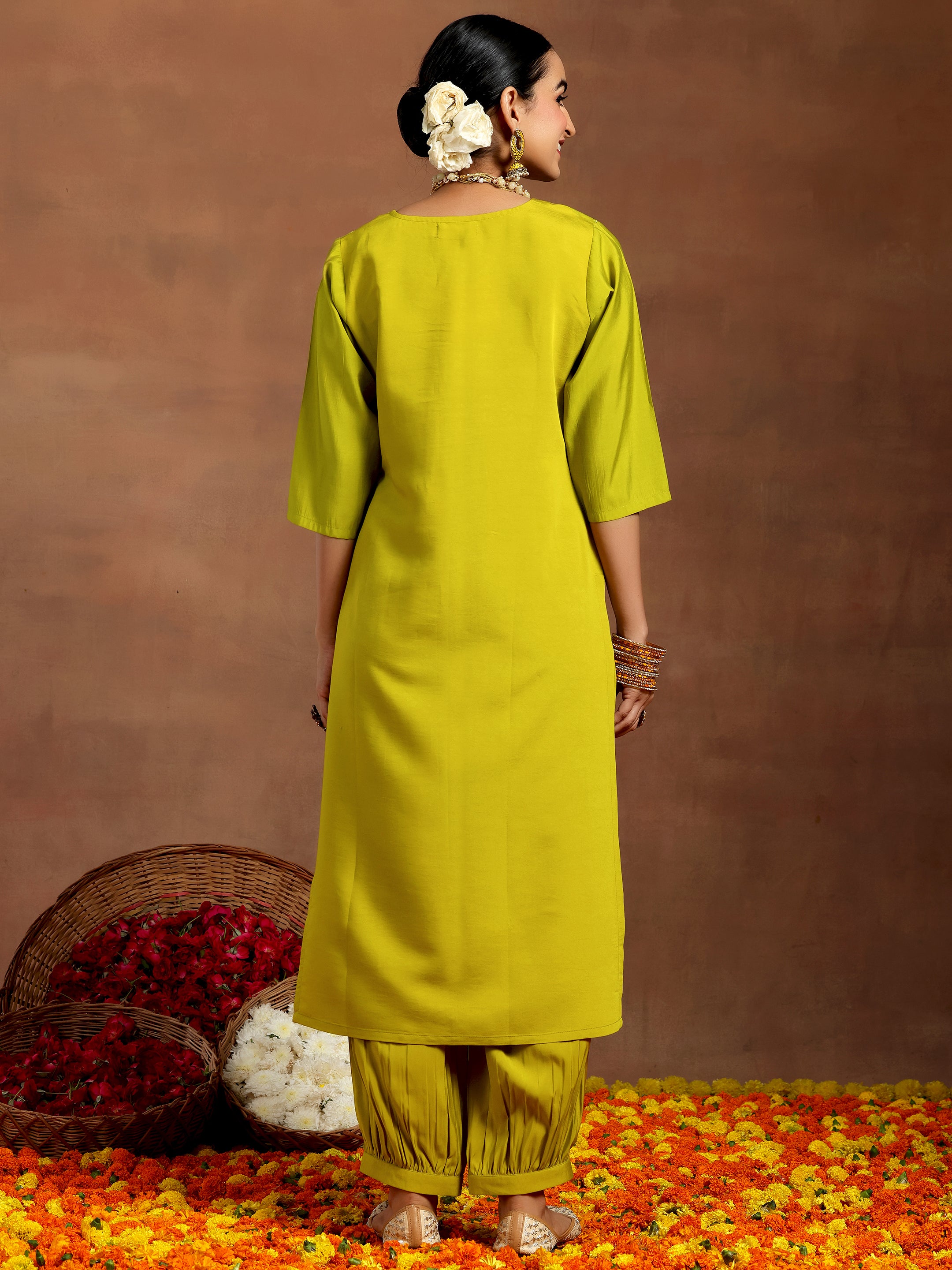 Lime Green Embroidered Silk Blend Straight Kurta Set