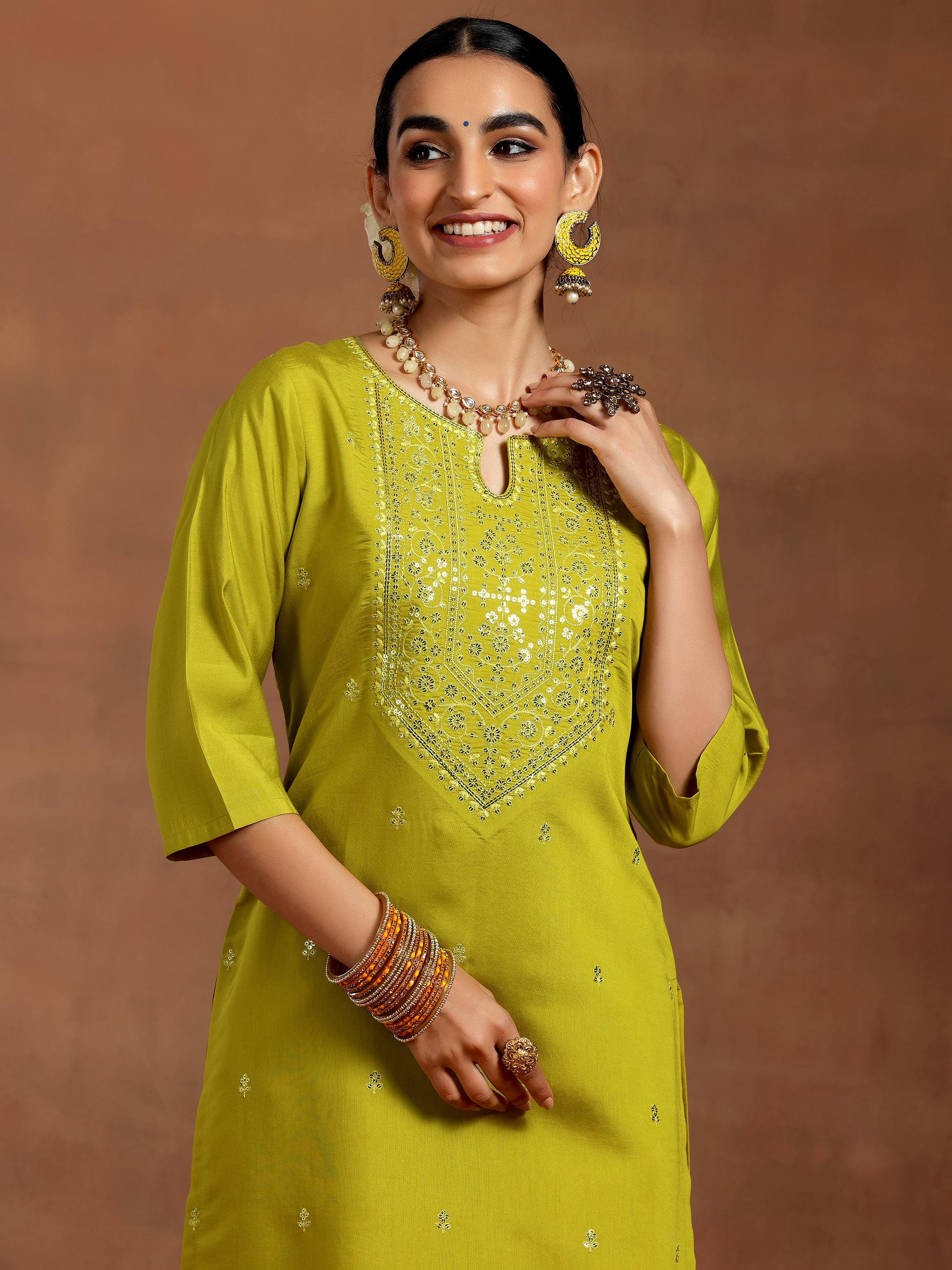 Lime Green Embroidered Silk Blend Straight Kurta Set