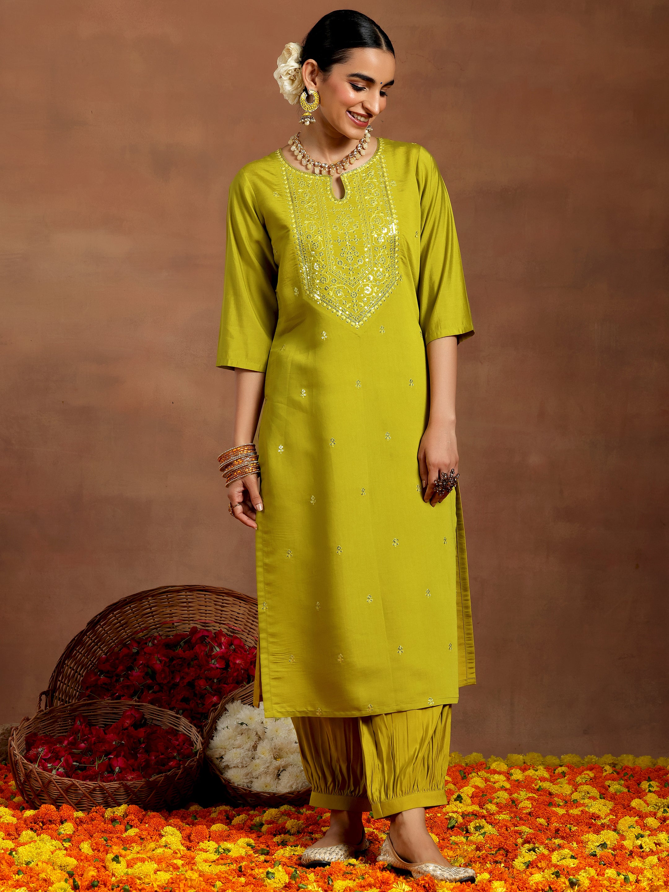 Lime Green Embroidered Silk Blend Straight Kurta Set