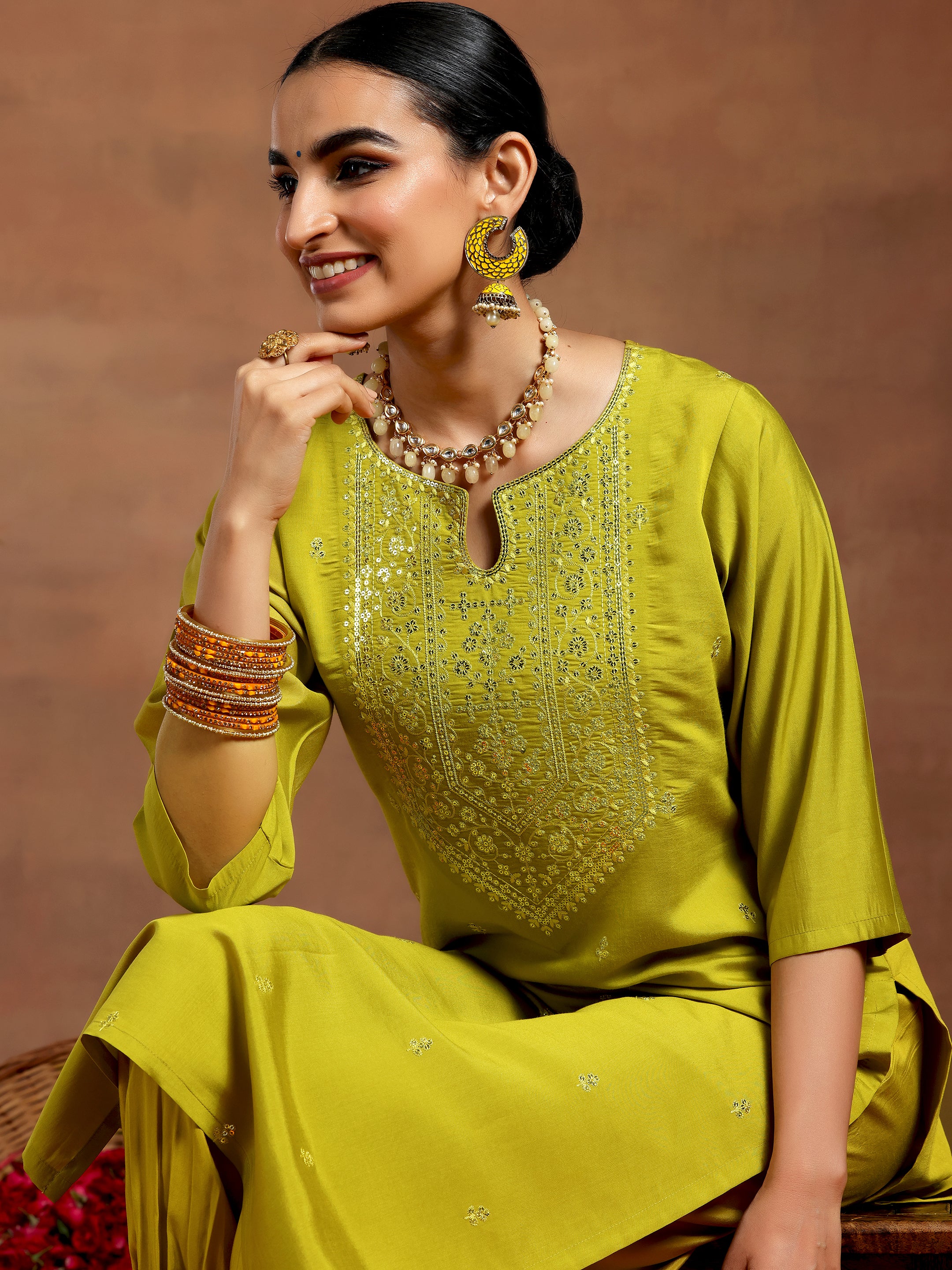 Lime Green Embroidered Silk Blend Straight Kurta Set