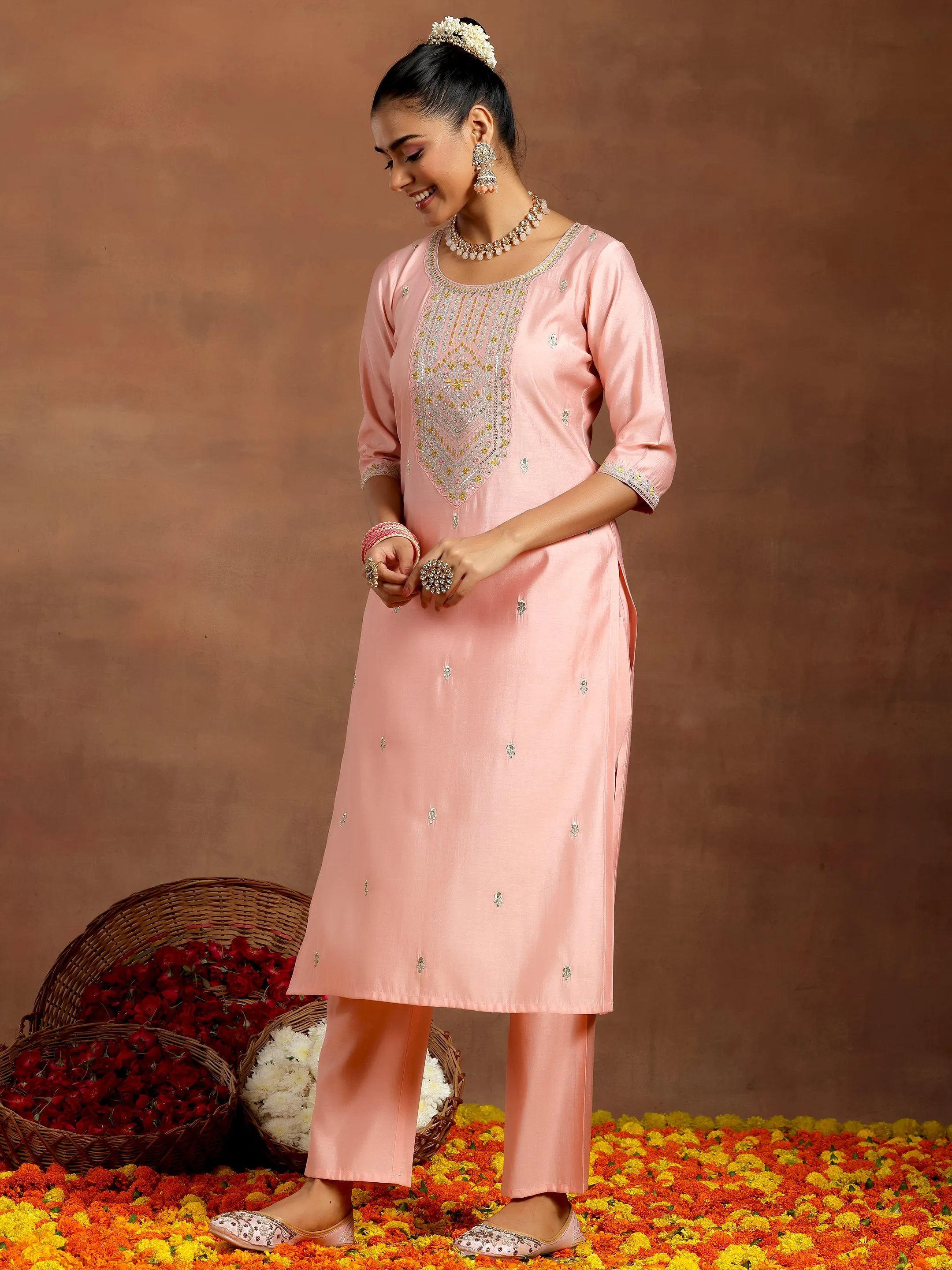 Peach Embroidered Silk Blend Straight Kurta Set