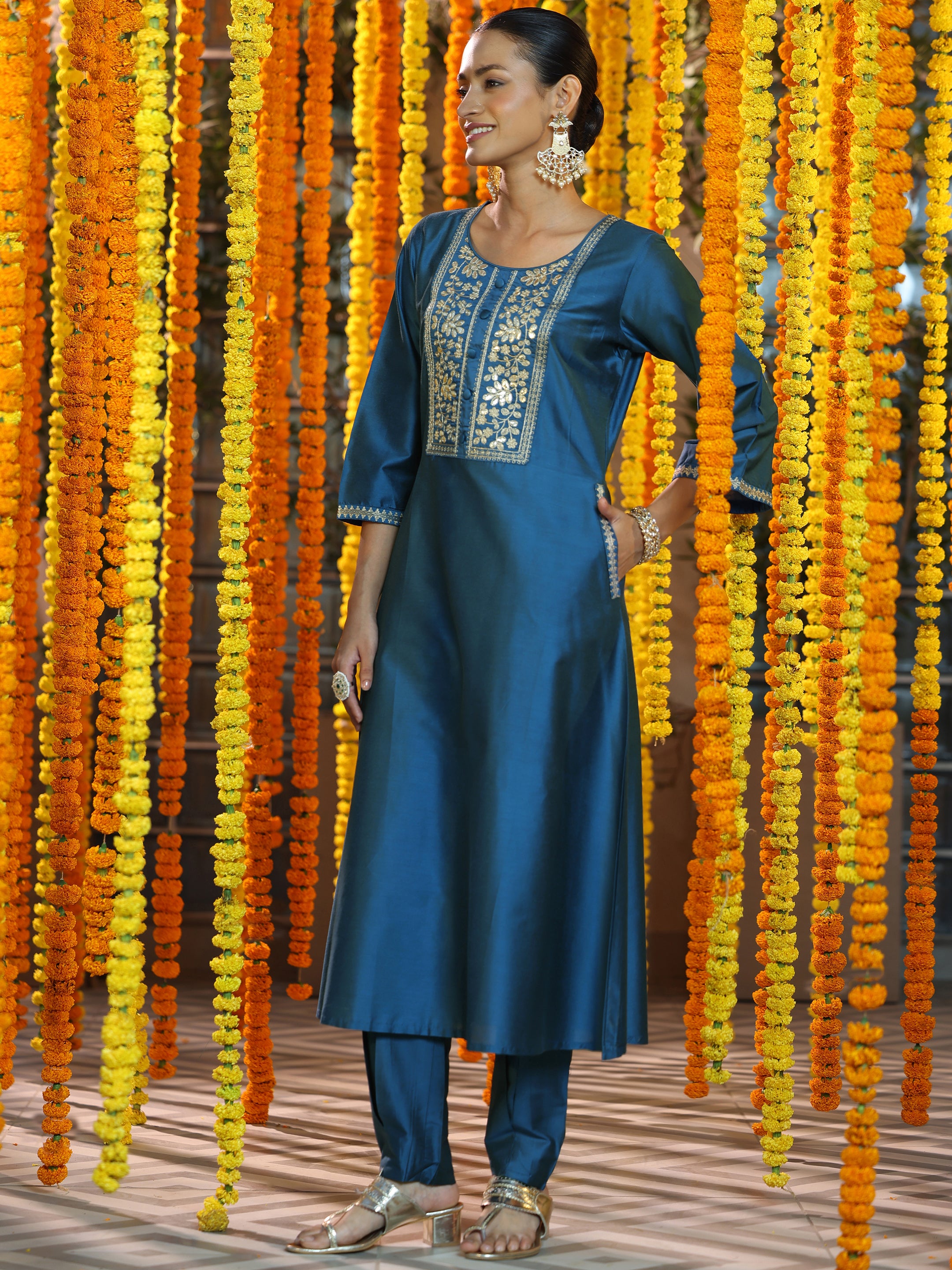 Blue Yoke Design Silk Blend A-Line Kurta With Trousers