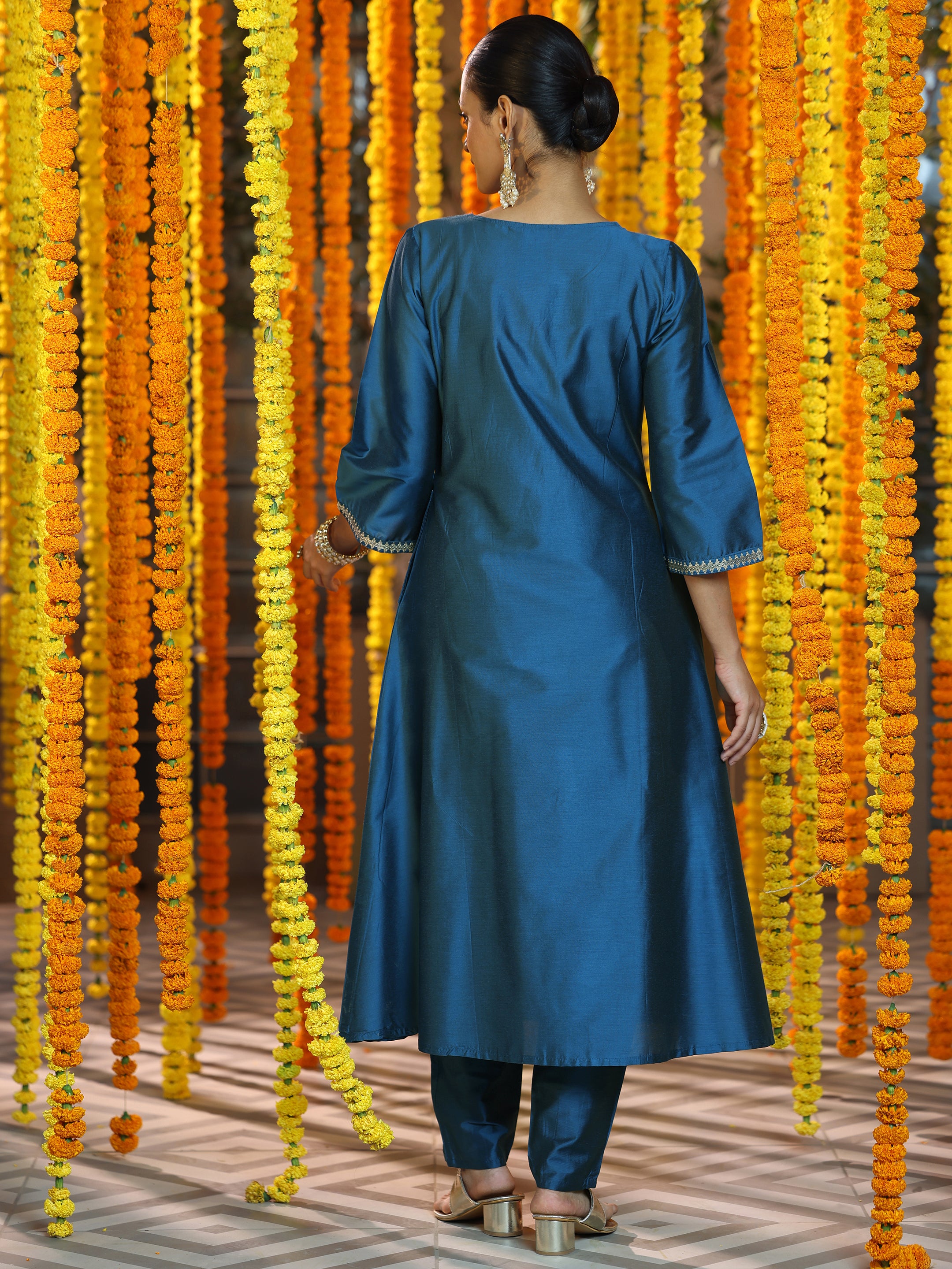 Blue Yoke Design Silk Blend A-Line Kurta With Trousers