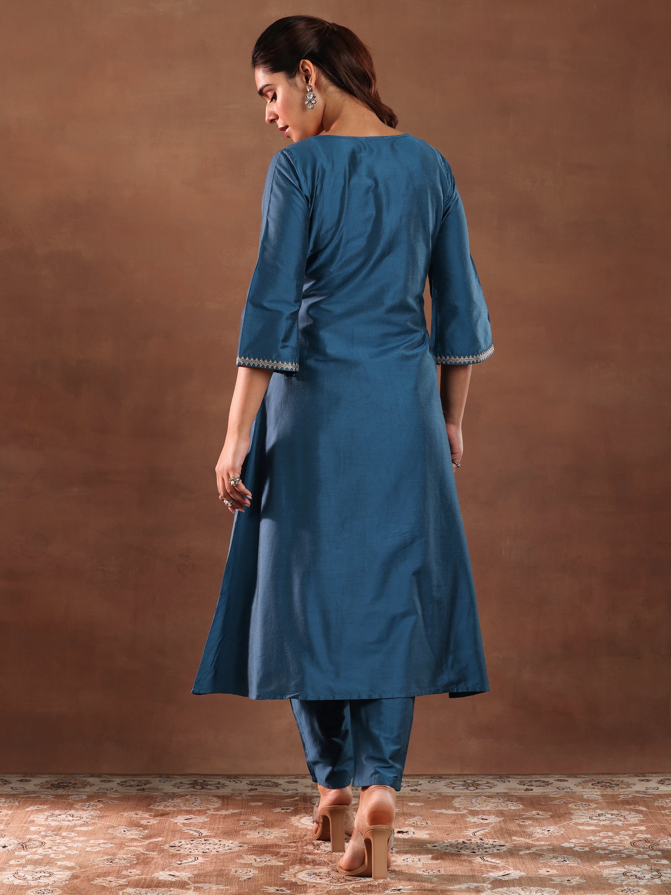 Blue Yoke Design Silk Blend A-Line Kurta With Trousers