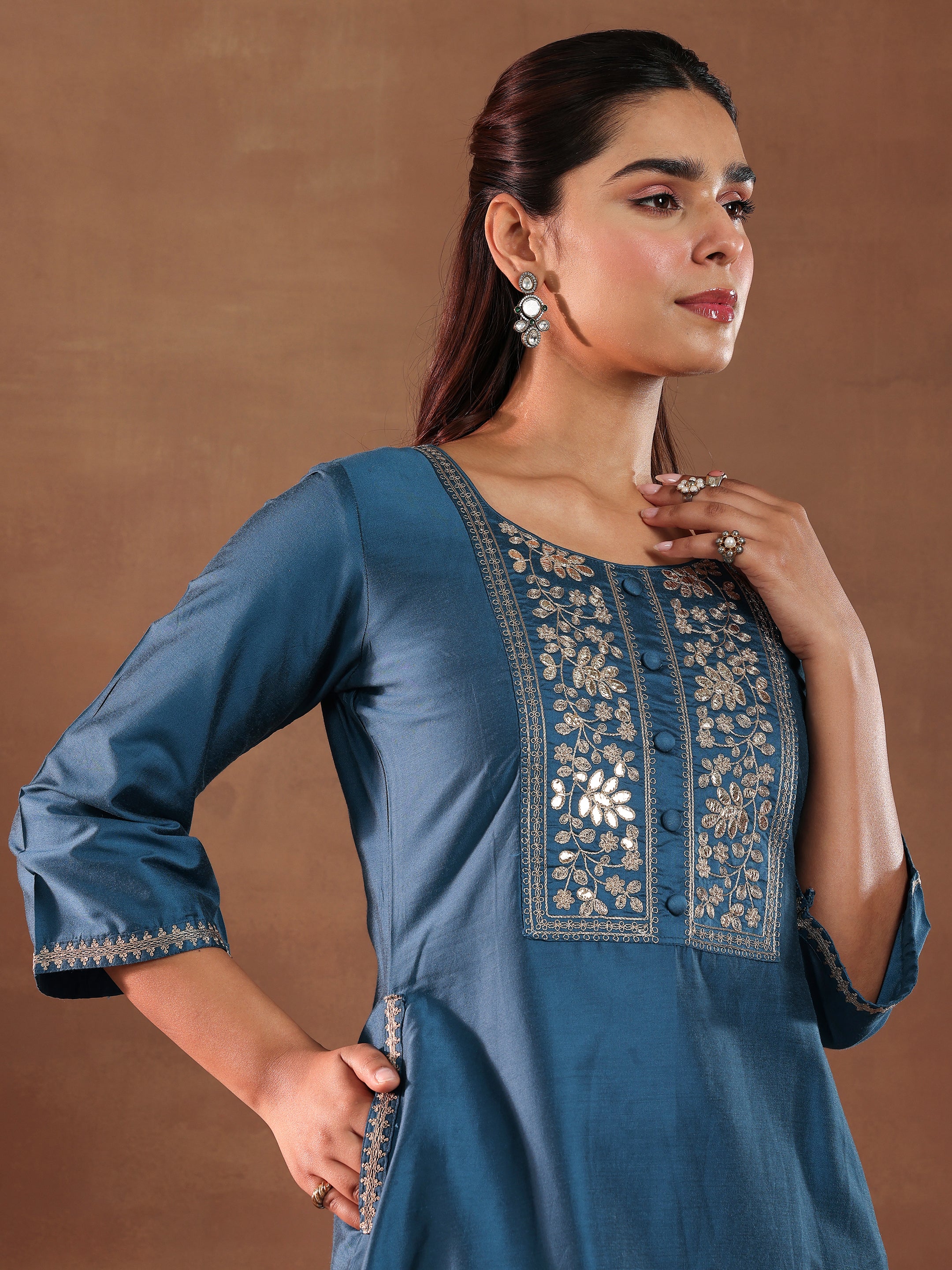 Blue Yoke Design Silk Blend A-Line Kurta With Trousers