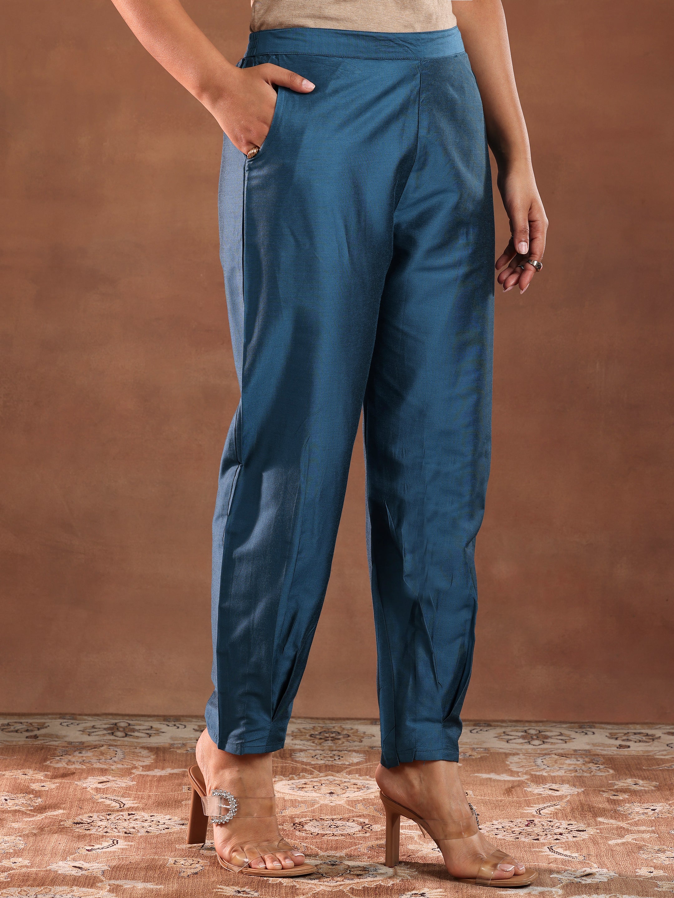 Blue Yoke Design Silk Blend A-Line Kurta With Trousers