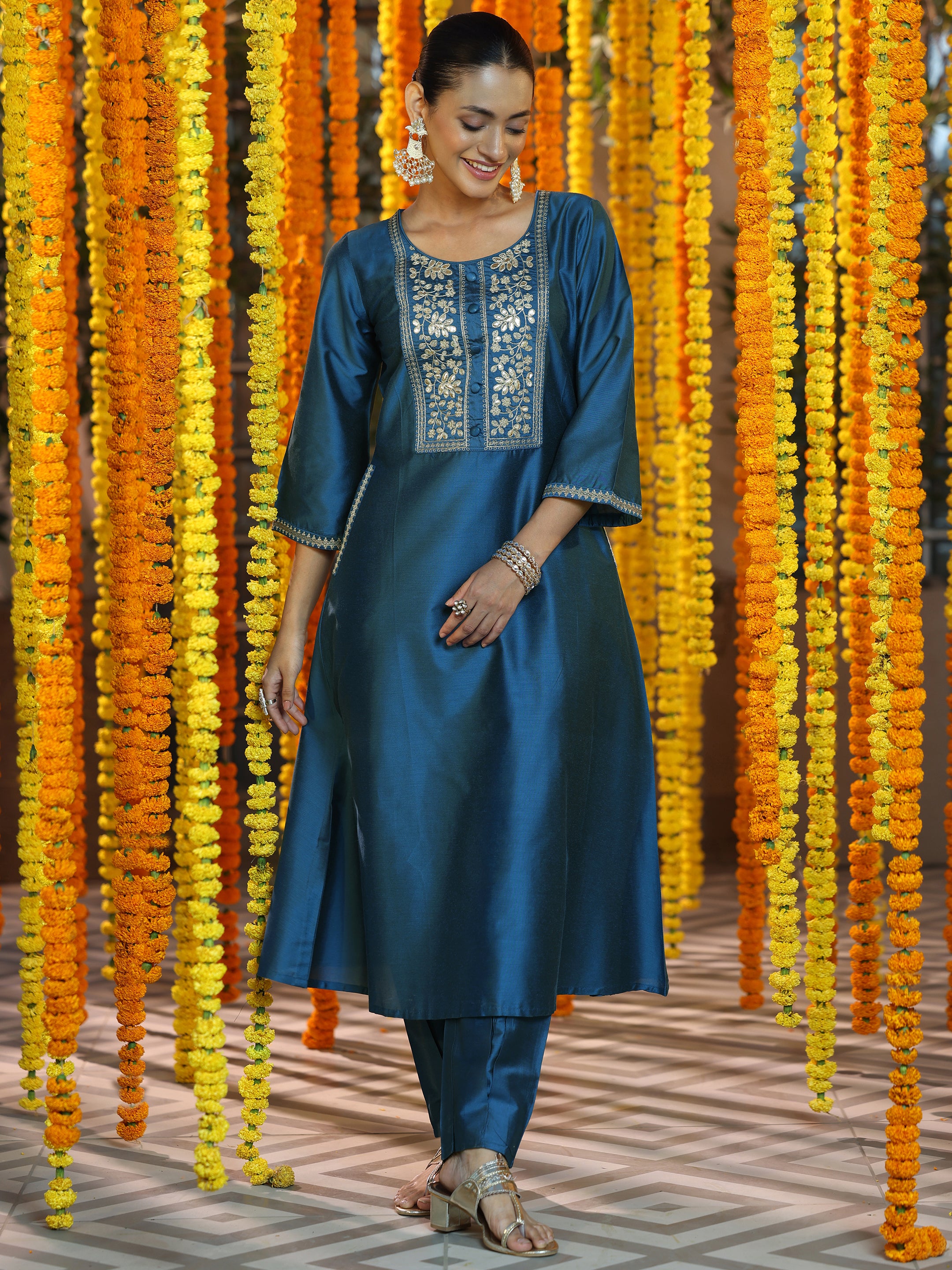 Blue Yoke Design Silk Blend A-Line Kurta With Trousers